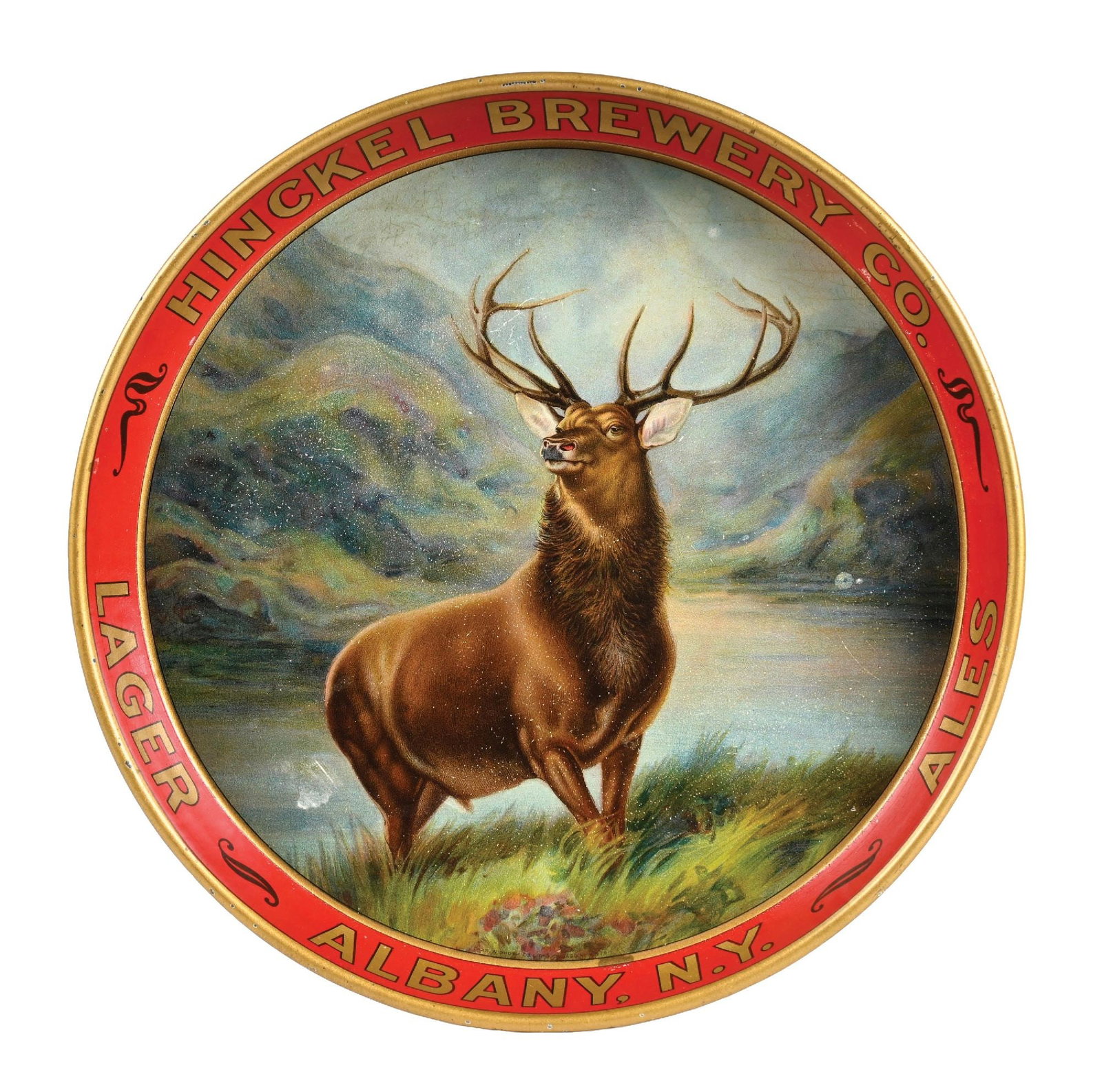 HINCKEL BREWERY CO. STAG SERVING TRAY: SST. C. 1910's pre prohibition. Hinckel Brewery Co - Albany NY. CONDITION: Maker marked for the Chas. W. Shonk Co. Chicago on the bottom edge. Showing a light foxing overall to the lithograph that can