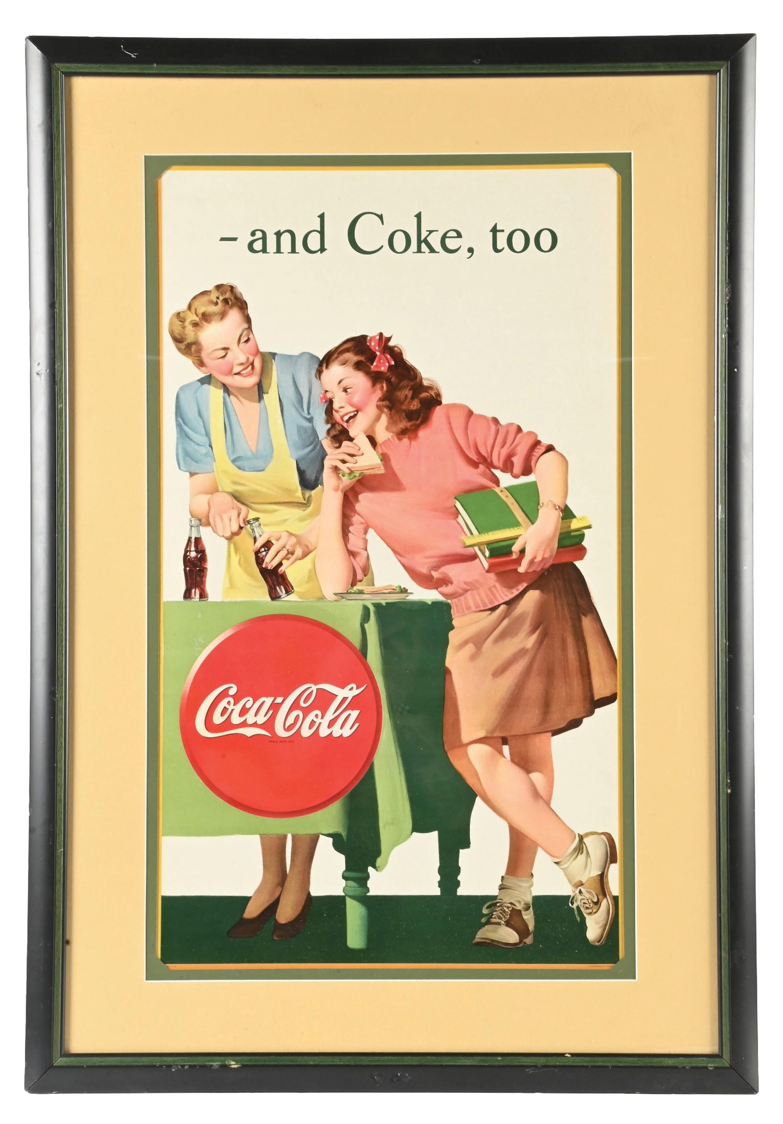COCA-COLA FRAMED ADVERTISING POSTER TITLED "-AND COKE, TOO": SSC. CONDITION: Showing new old stock condition with bright color and no areas of damage noted. Professionally framed and matted. Condition: (9). Dimensions: Frame: 34 - 1/4" x 23 - 3/4" x 1/2".