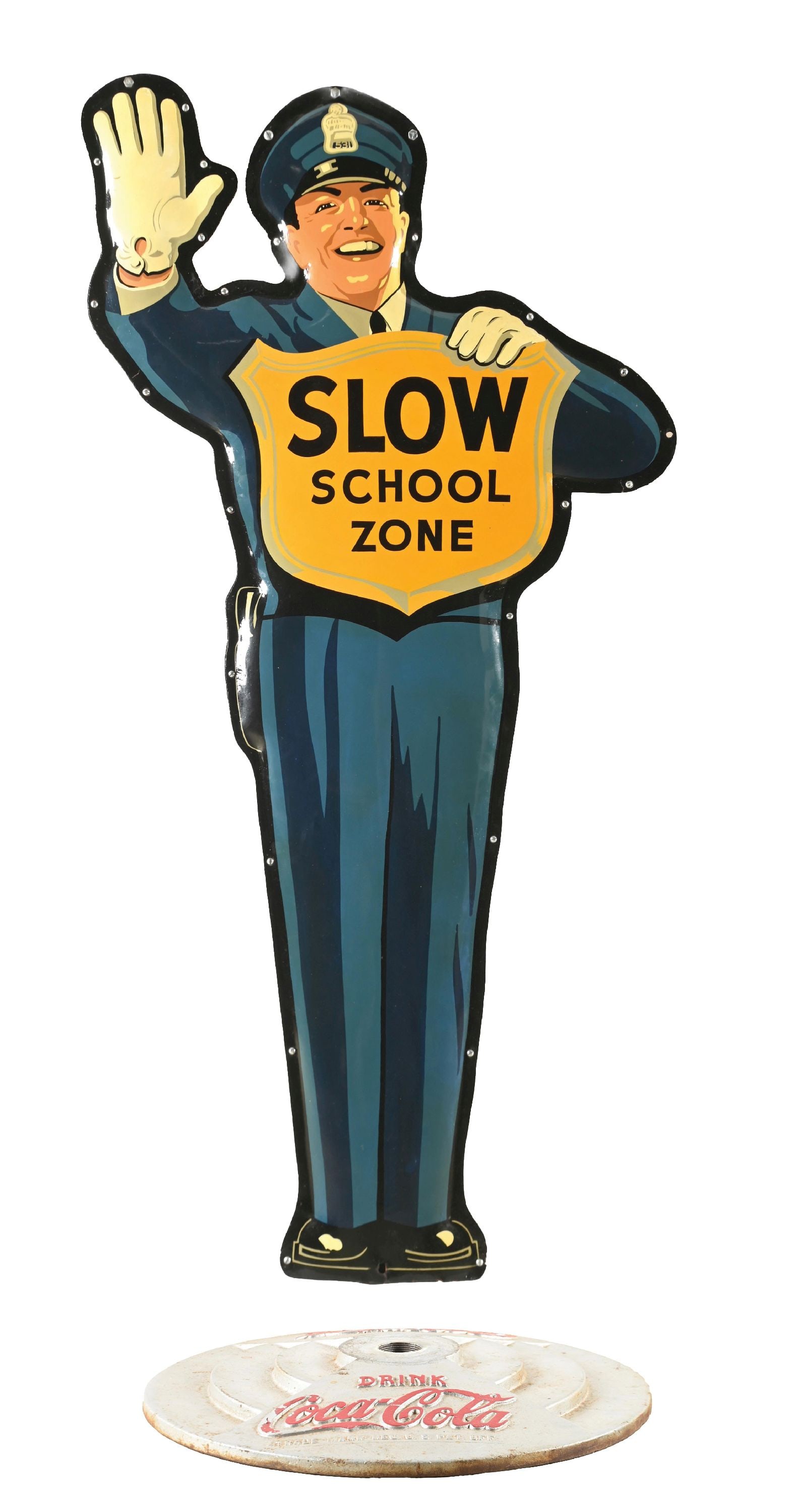 COCA-COLA CROSSING GUARD SIGN “SLOW SCHOOL ZONE”: CONDITION: DST. Side 1 showing good color and shine with light surface scratches and some edge wear. Side 2 had brighter color, some surface scratches and edge wear. Assembled with new hardware, recas