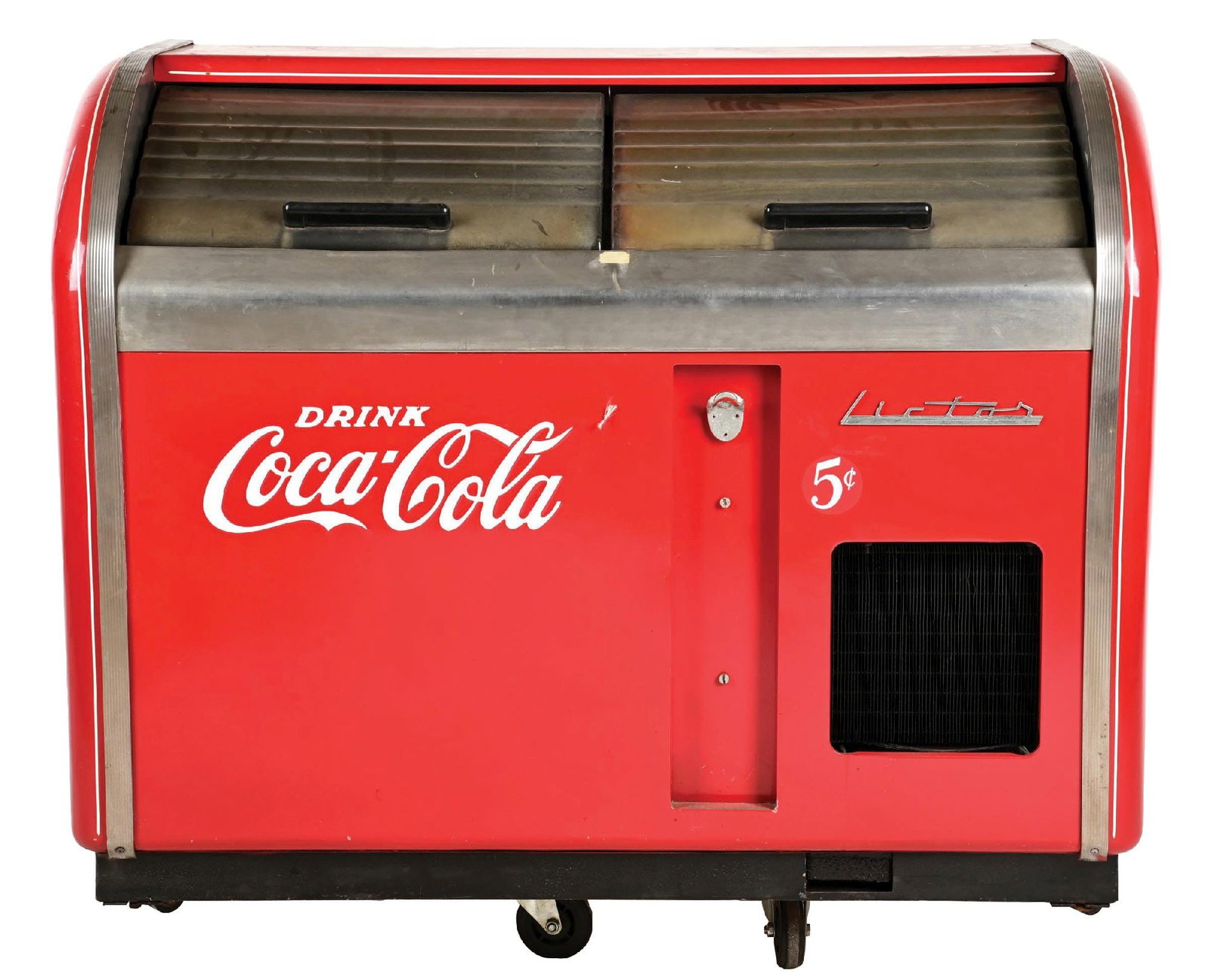 VICTOR DOUBLE DOOR COCA-COLA COOLER: CONDITION: Showing an older restoration with new paint and new decals, showing some scuffs and scrapes since the new paint was applied. Has the original doors and original interior. Compressor is unte