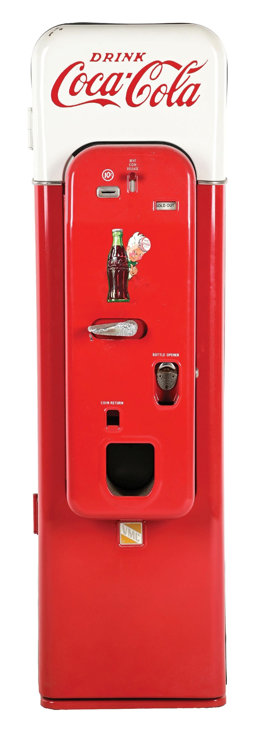 VENDOLATOR MODEL 44 COCA-COLA MACHINE: CONDITION: Showing an older repaint with new decals, with oxidized front handle, complete mechanism and interior. Lights up and cools. Comes with an instruction and maintenance manual. This is not a s