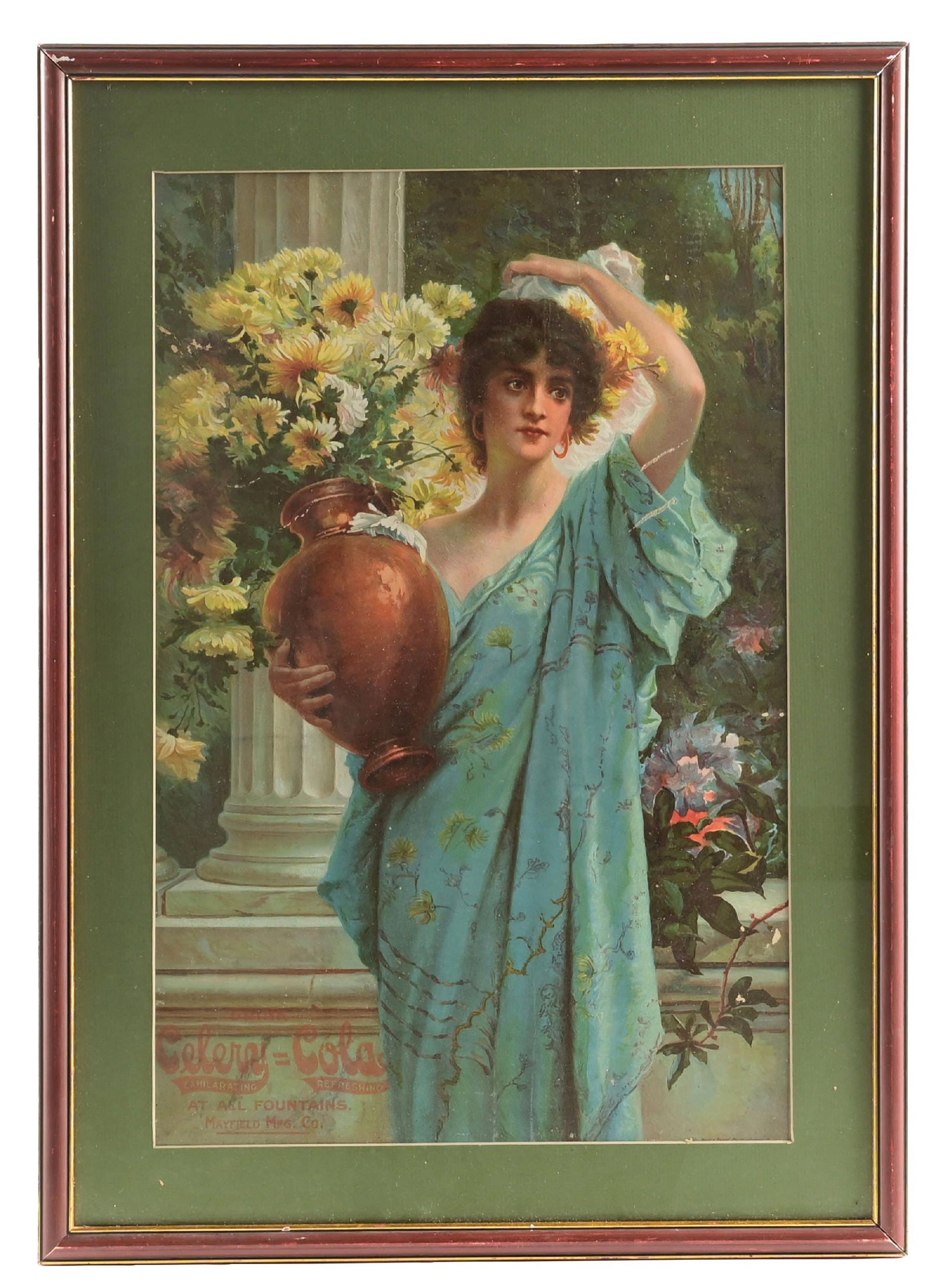 CELERY-COLA SIGN W/ WOMAN IN THE PLANTS GRAPHIC: A nice early c. 1905-1910 example of this single-sided paper sign from Celery-Cola, showing a nice graphic of a woman carrying flowers. CONDITION: The sign shows specks of color loss throughout the fi