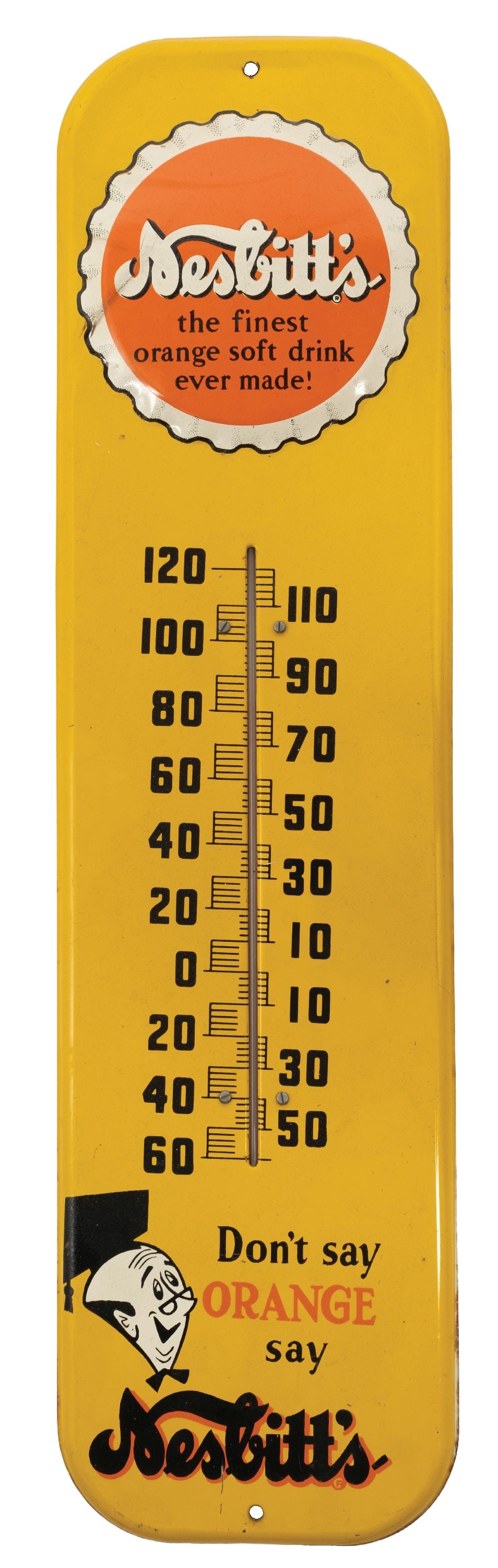 NESBITT'S YELLOW TIN THERMOMETER: SST. CONDITION: Showing good color and shine with light surface scratches at the bottom center and top center. With working thermometer. Condition: (8.75). Dimensions: 7 - 1/8" X 27 - 1/8"