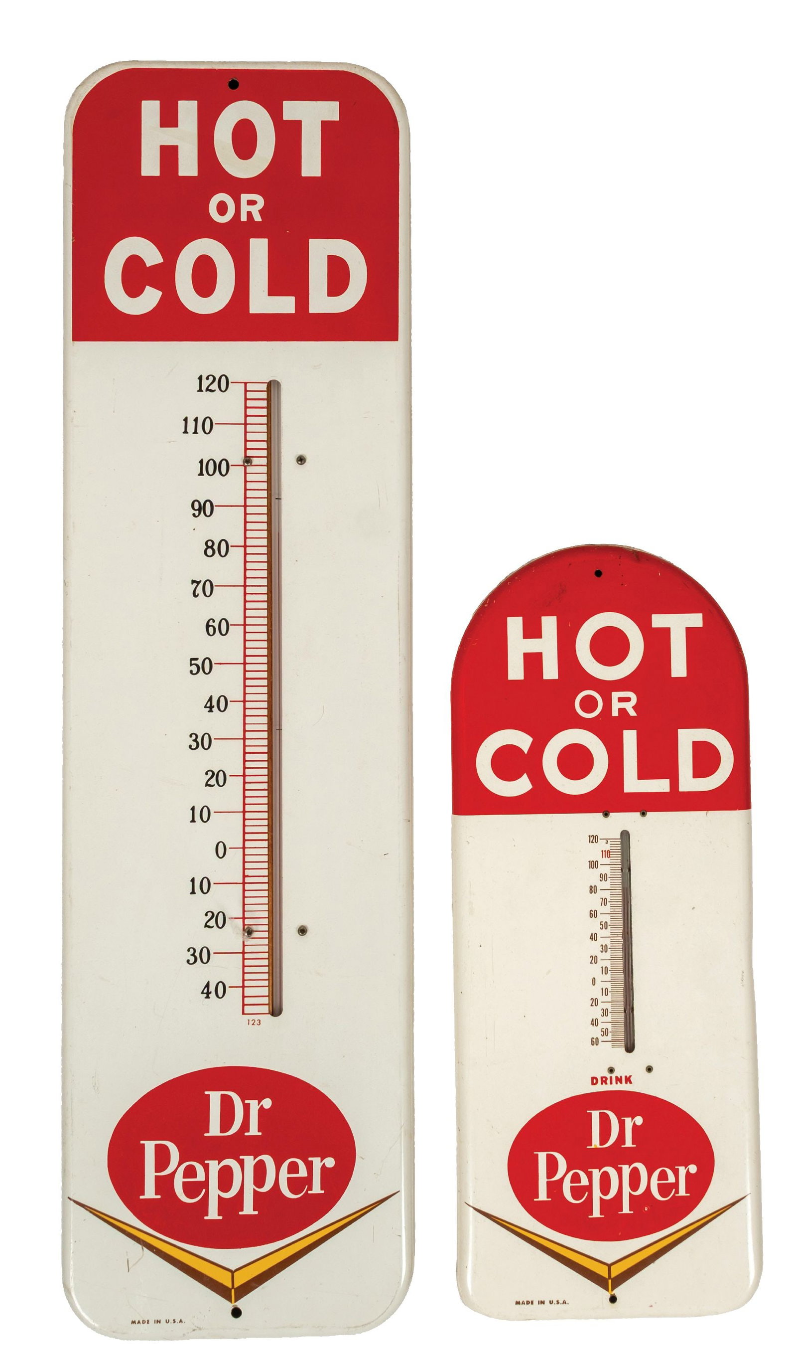 A PAIR OF DR. PEPPER "HOT OR COLD" ADVERTISING WALL THERMOMETERS: SST. Marked made in the USA. CONDITION: 1. The larger of the 2 showing good color and shine with overall light wear and working thermometer. (9) 2. Showing good color and shine with edge wear at the t