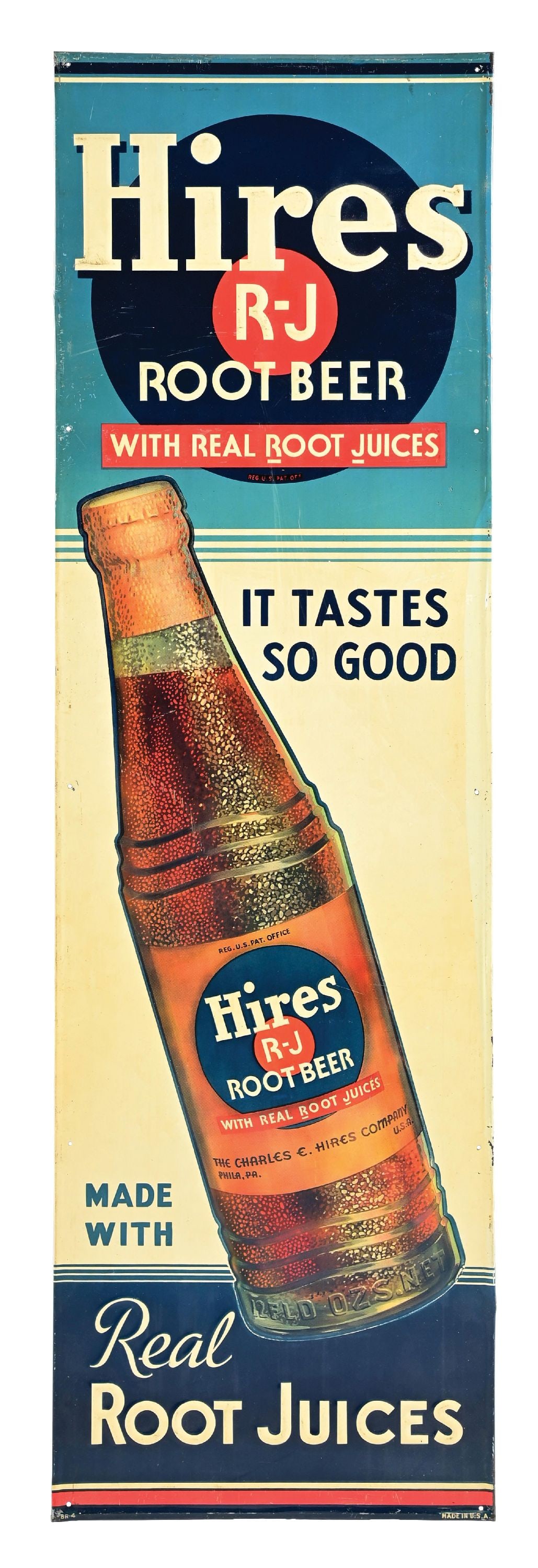 HIRES R-J ROOT BEER EMBOSSED TIN SIGN: SST. Marked made in the USA. CONDITION: Showing good color and shine with some light scratches in the main field and moderate edge wear to all sides. . Condition: (7.8). Dimensions: 47 - 1/4" x 14 - 1
