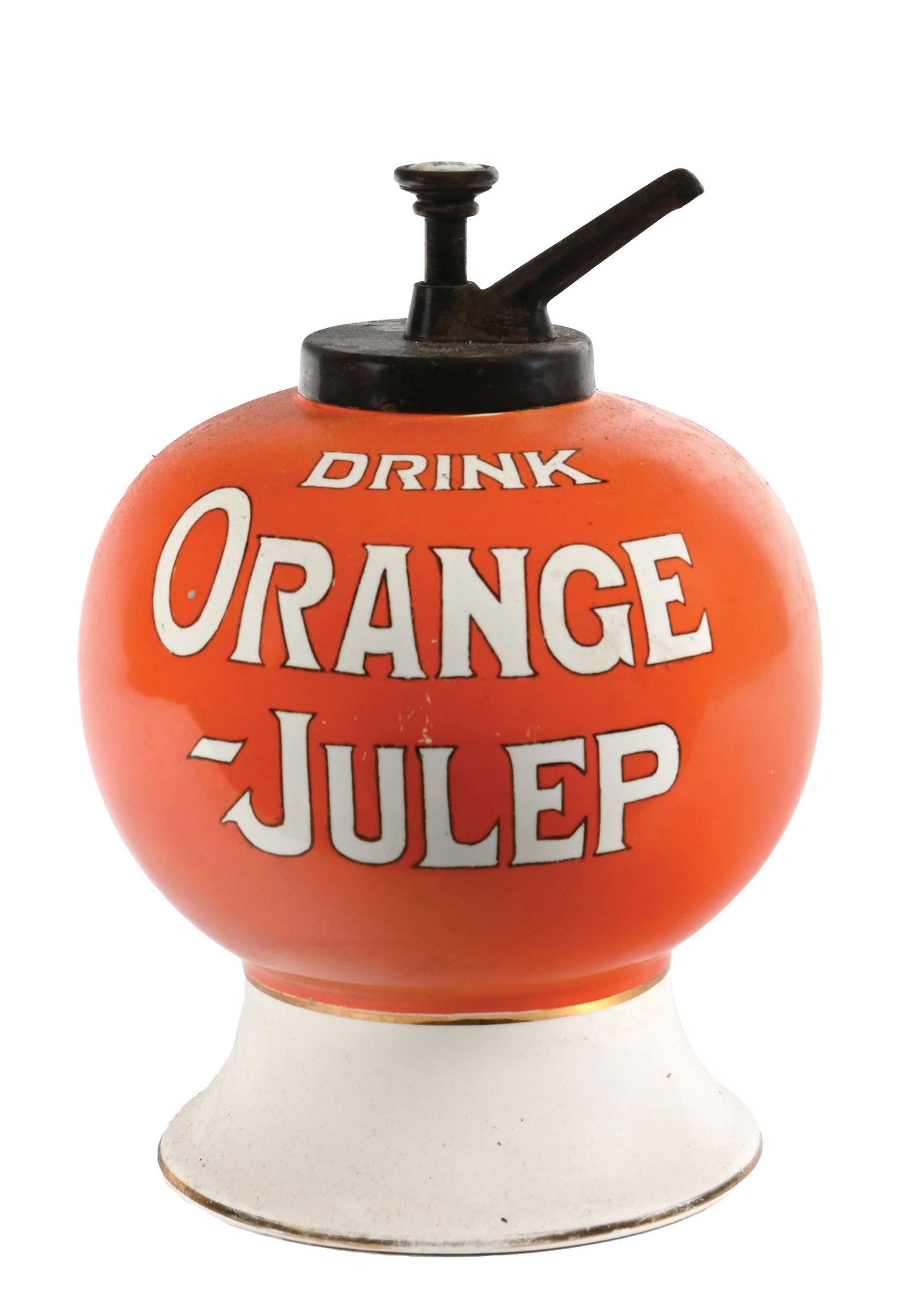ORANGE JULEP SODA FOUNTAIN SYRUP DISPENSER: CONDITION: All original dispenser with good color and shine, showing no cracks or repairs. Bright color, original Orange Julep pump, with light surface chips under the pump at the collar. Condition: (