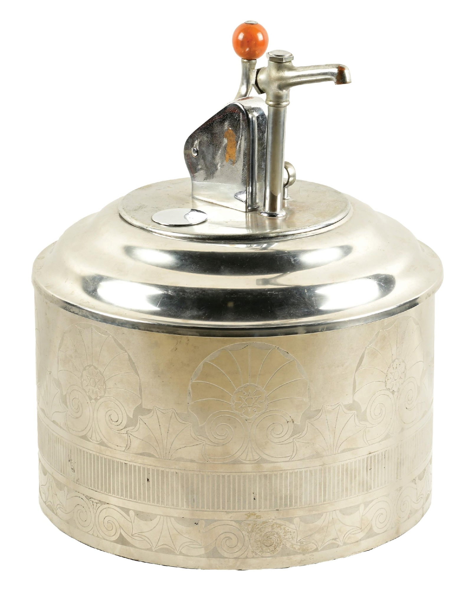 LARGE SODA FOUNTAIN SYRUP DISPENSER: CONDITION: Showing nickel plated exterior with internal cooling pipes for ice. With original spigot and light wear overall. This is not a standard shippable item and will require 3rd party shipping or