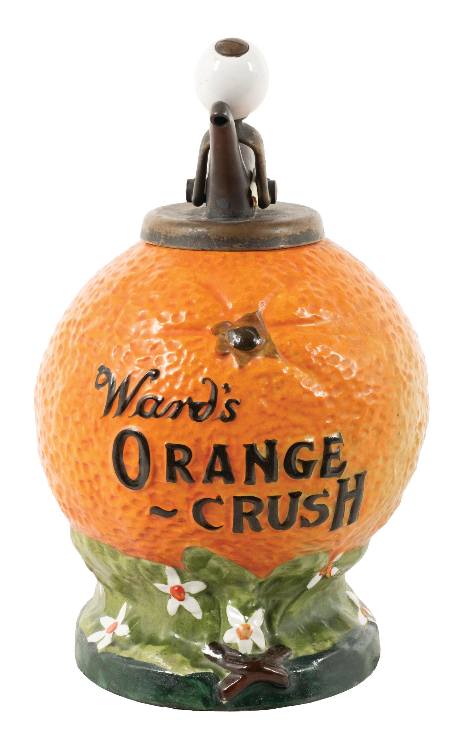 WARD'S ORANGE CRUSH SYRUP DISPENSER: CONDITION: Strong color and good lettering. No chips, cracks, breaks, or repairs. Comes with an original period pump, which is not operational. Condition: (8.5). Dimensions: 9" X 9" X 13 - 1/2"
