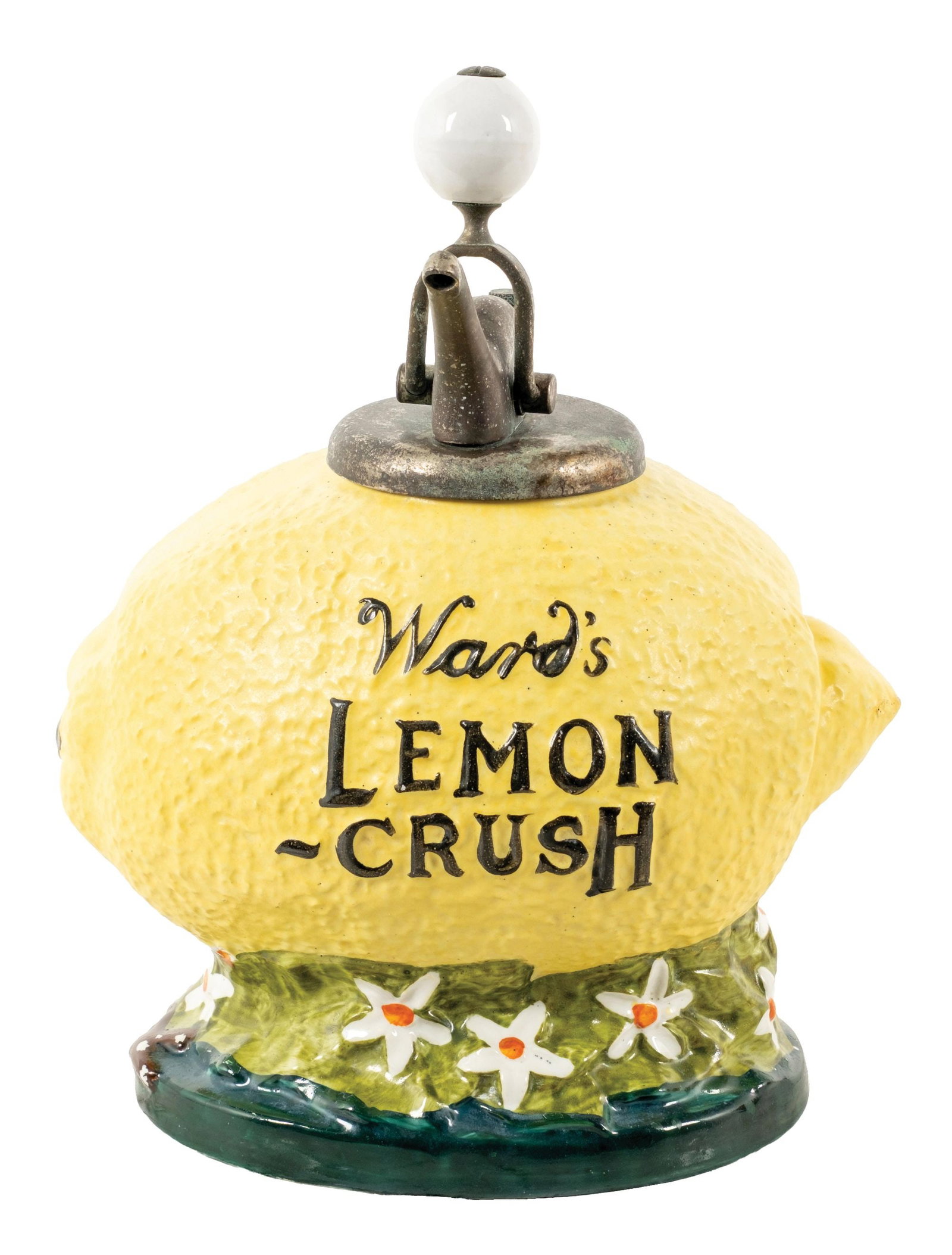 WARD'S LEMON CRUSH SYRUP DISPENSER: CONDITION: Strong color and strong lettering. No chips, cracks, breaks, or repairs noted. Comes with a period pump, which is operational. Condition: (8.5 - 8.75). Dimensions: 11" X 9" X 13 - 1/2"