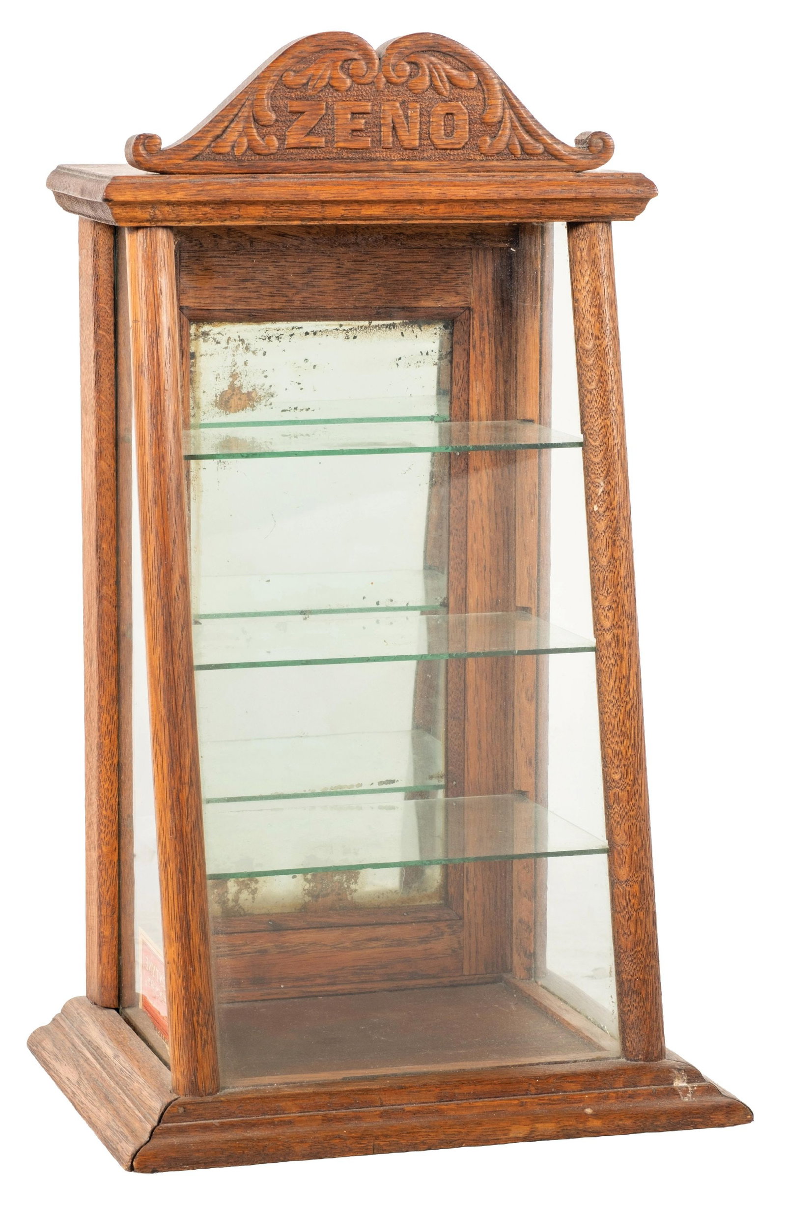 ZENO CHEWING GUM COUNTER DISPLAY CASE: C. 1920. CONDITION: Original finish with new glass shelves, original marquee and oxidation and lifting to the mirrored back door. Condition: (Very Good). Dimensions: 10 - 1/2" X 8" X 17 - 1/2"