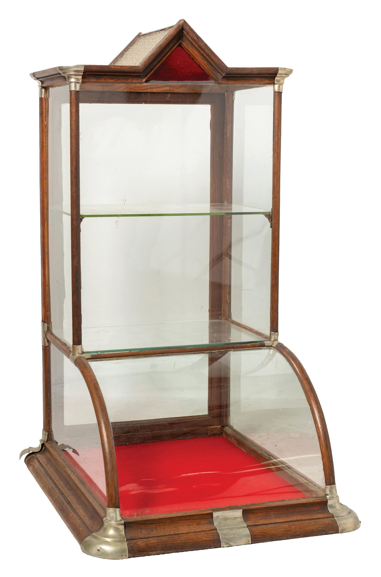 GLASS VICTORIAN COUNTRY STORE COUNTERTOP SHOWCASE: A very nice display showcase with original label on front, original frosted glass on the steeple part, glass shelvings, red velvet interior, constructed with oak with nickeled corners. Original hardwa