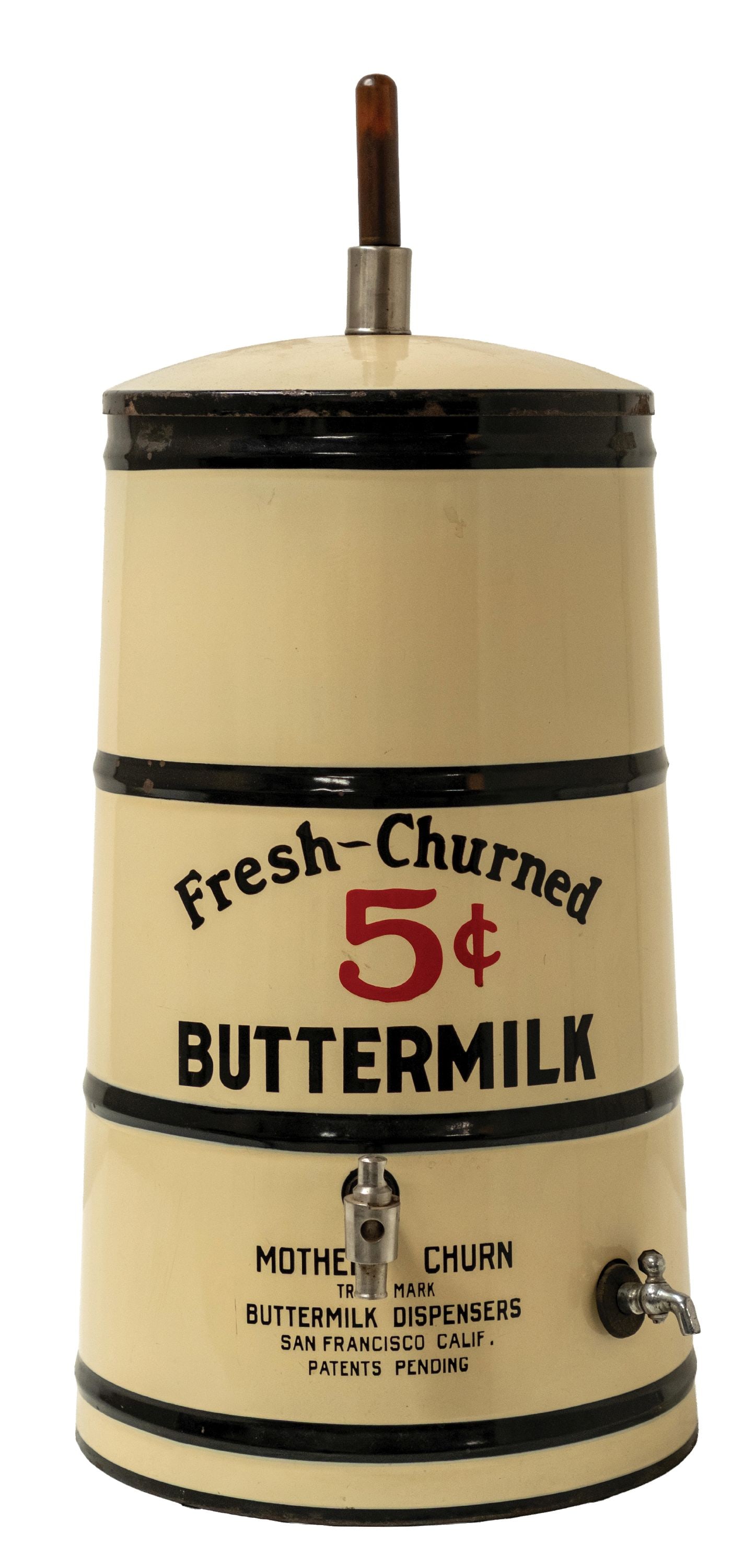 BEAUTIFUL COUNTRY STORE FRESH CHURNED BUTTERMILK CROCK: CONDITION: Showing all original crock with correct top cap, complete interior, front spigot, with original front lettering. The front side shows no chips, cracks, or repairs, with light scuffs and