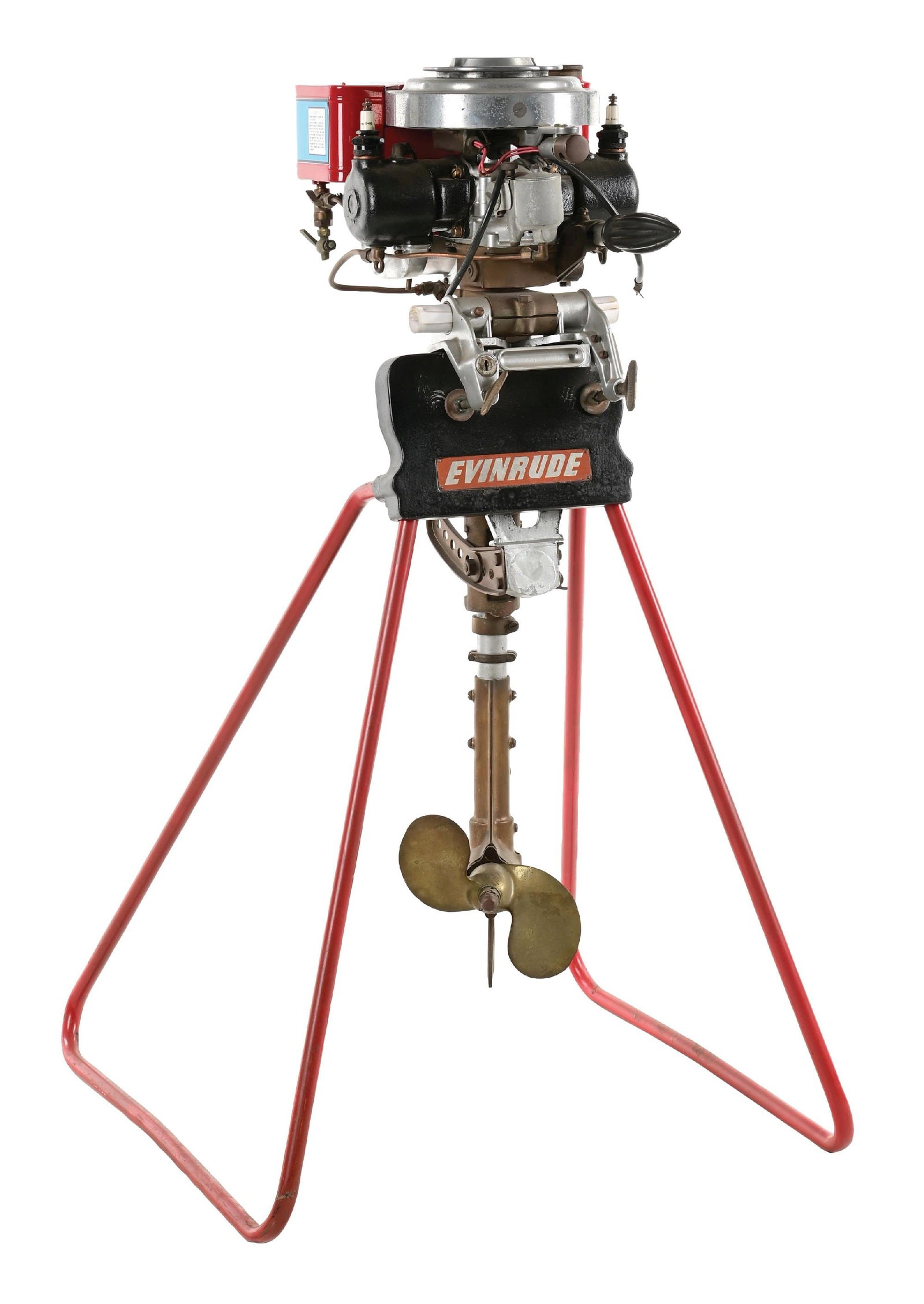 RESTORED EVINRUDE MODEL NO. NS10773 OUTBOARD MOTOR W/ STAND: CONDITION: Showing an older restoration with new paint and new decals, with Evinrude display stand. This is not a standard shippable item and will require 3rd party shipping or pickup arrangements to