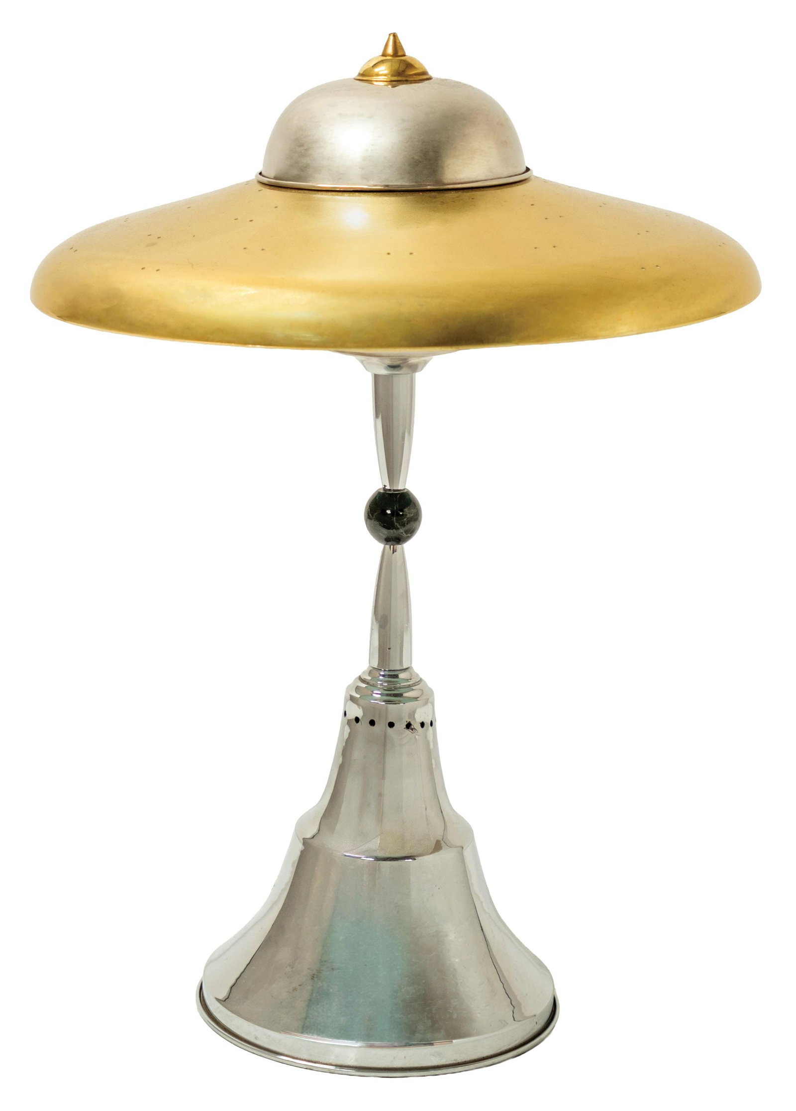 MID-CENTURY ART DECO SPACE AGE-STYLE DESK LAMP: CONDITION: Showing a beautiful restoration to this mushroom-topped desk lamp, with new nickel plating and new polished brass shade. This is not a standard shippable item and will require 3rd party shi