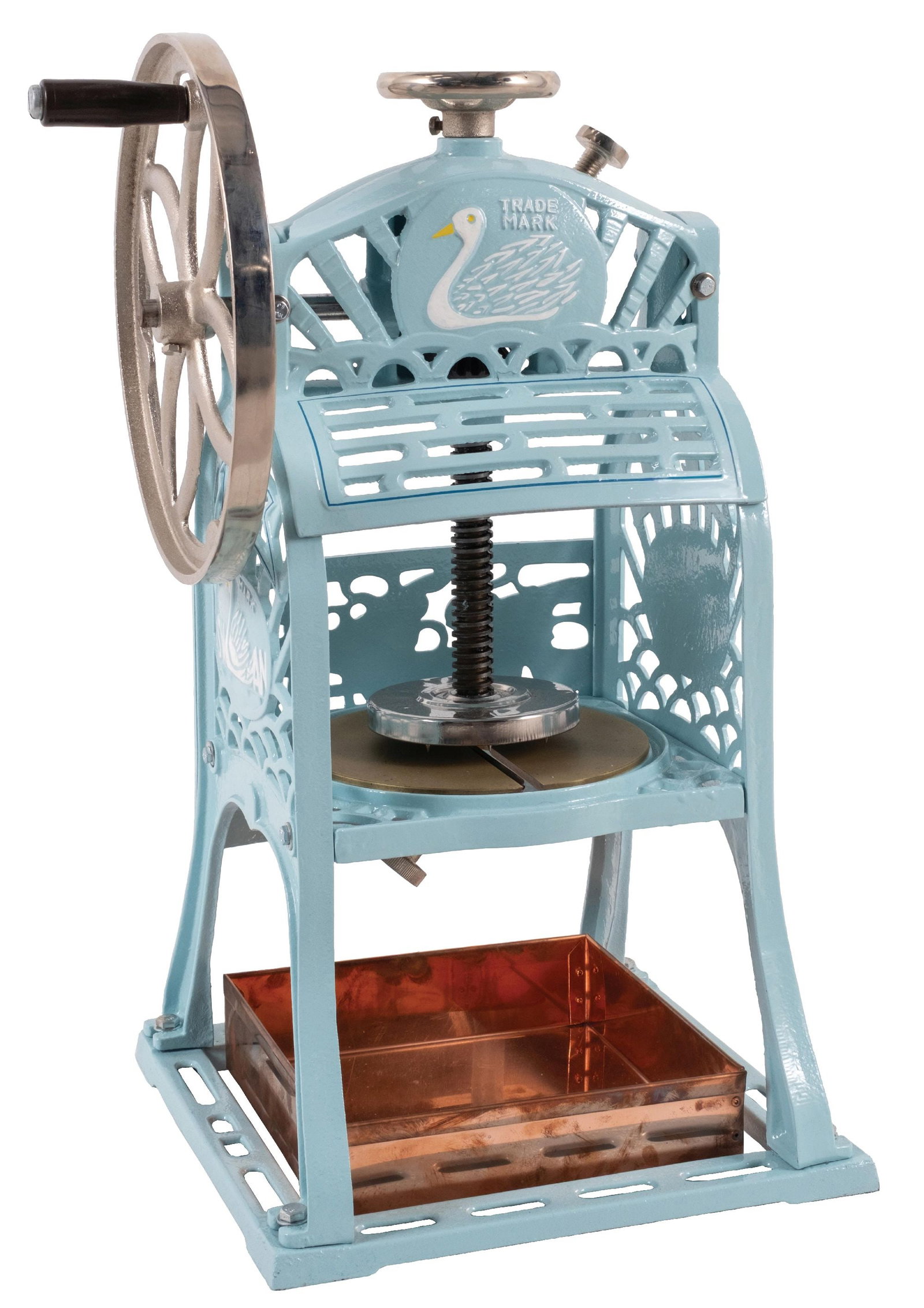 CAST IRON SWAN ICE SHAVER: An early cast iron country store ice shaver made for Swan. CONDITION: It shows a complete restoration, with new paint, plating to the crank wheels, new paint to fish relief on the front, and a newly