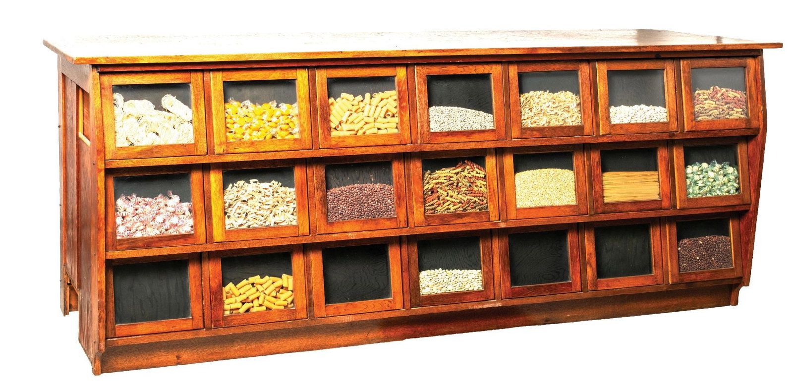 COUNTRY STORE BEAN CABINET: Has multiple drawers in the back. CONDITION: In a beautiful older restoration. Has original hardware. A great addition to any country store or advertising collection. This is not a standard shippable