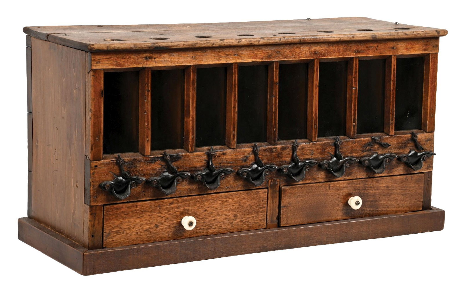 COUNTRY STORE OAK STEEL SHOT DISPENSER: C. 1910. CONDITION: Oak construction, with all original hardware and doors with door pulls. It shows some areas of surface wear, scuffs and scrapes from use. Condition: (Very Good). Dimensions: 25" x