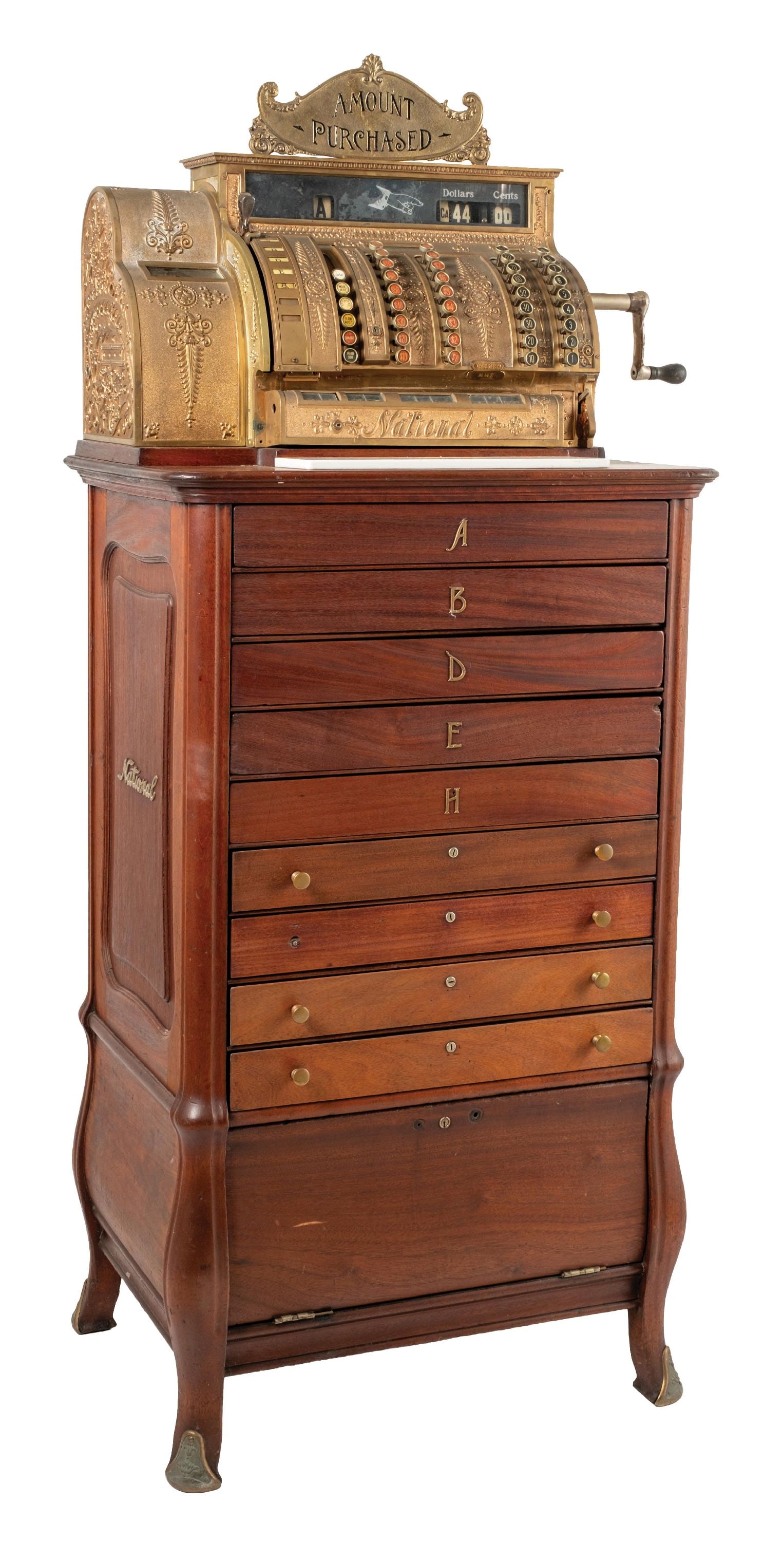NATIONAL CASH REGISTER MODEL 84-1/2E SERIAL NO. 583342: CONDITION: This is a 10-drawer floor model National Cash Register with original crank, original receipt tape, original "Amount Purchased" sign, original key checks, all original labeled drawers, and c