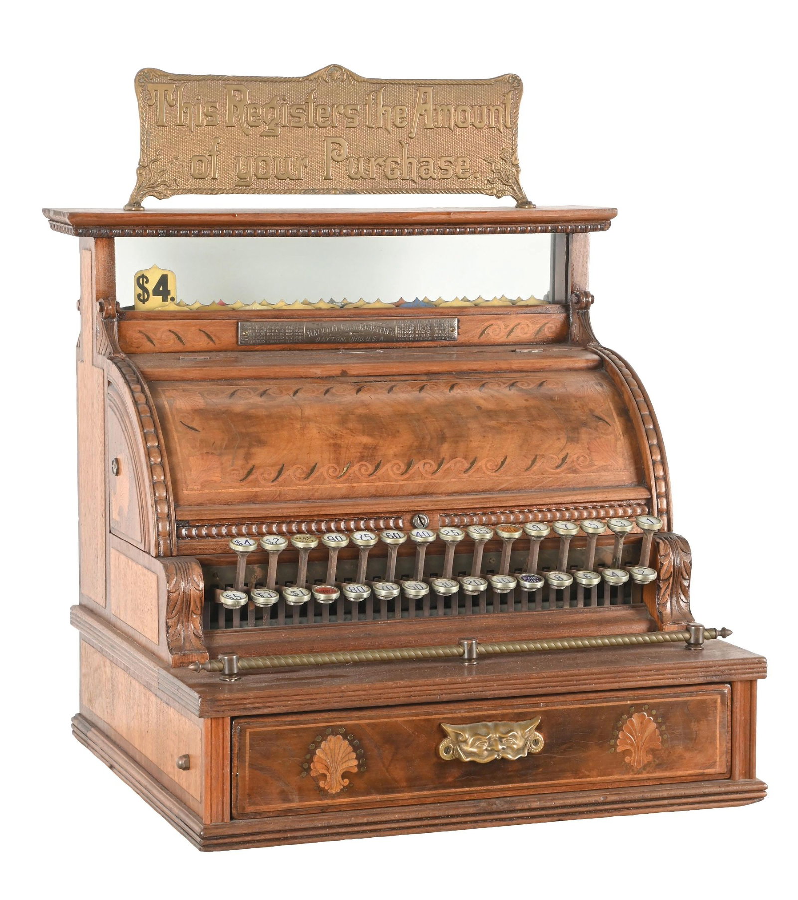 WOODEN NATIONAL CASH REGISTER MODEL 8 SERIAL NO. 49340: CONDITION: Showing an original register with original key checks and price flags. Light wear overall to the finish of the wood body, added wooden top piece with replace top sign. A very respectable ex