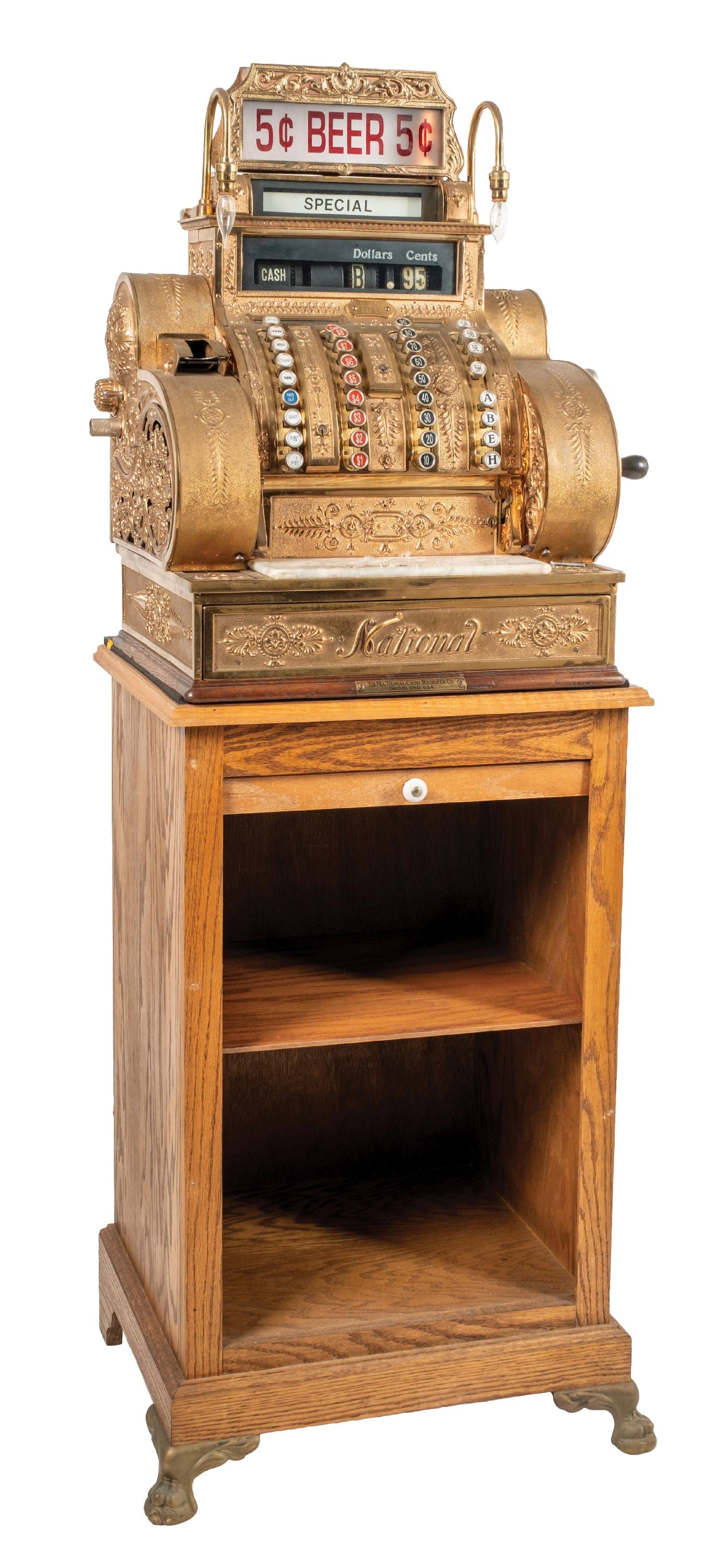 NATIONAL CASH REGISTER MODEL 442-E-L SERIAL NO. 1016241W: CONDITION: Showing an older restoration that has oxidized, with a 5¢ Beer marquee, which is a replica, two replica added light features to the top, correct receipt tape covers, new bill shelf, an