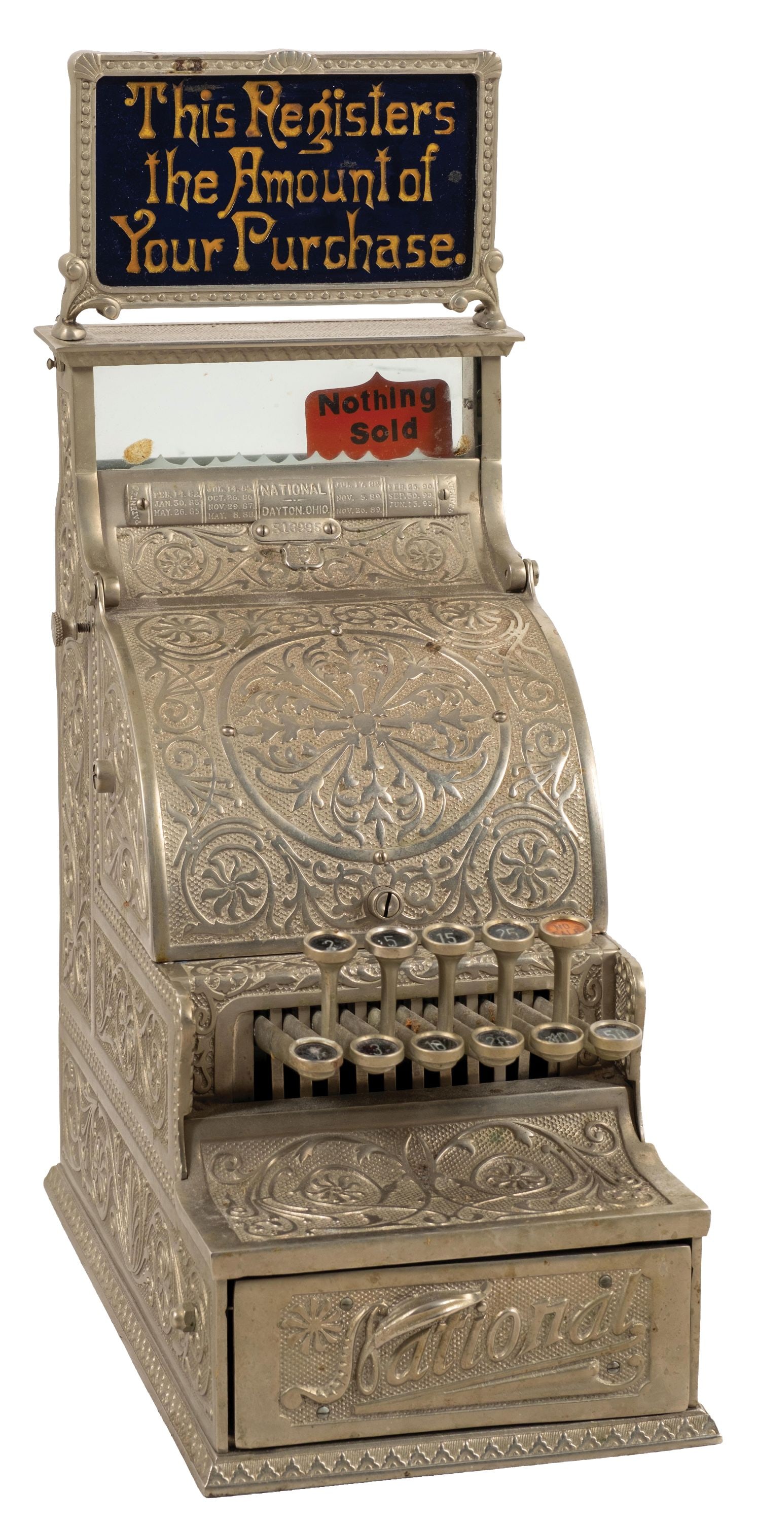 NATIONAL CASH REGISTER MODEL 5 SERIAL NO. 13995: CONDITION: Showing all original nickel plating, with original key checks and price flags, aged patina, with reproduction added top sign. Working condition. Condition: (Very Good). Dimensions: 9" X 15 