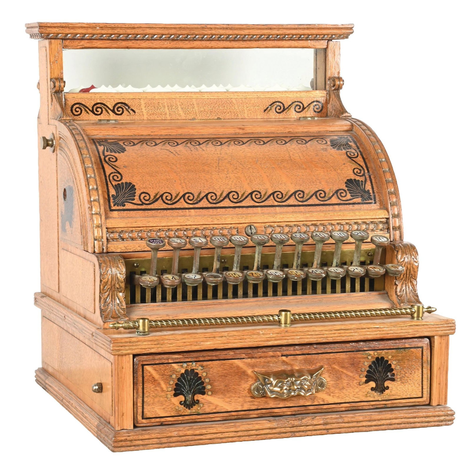 WOODEN NATIONAL CASH REGISTER: A National Cash Register by Dayton, Ohio. CONDITION: An older refinished cabinet et with original key checks and new price flags. Missing the brass identification tag and believed to be a model 3 with