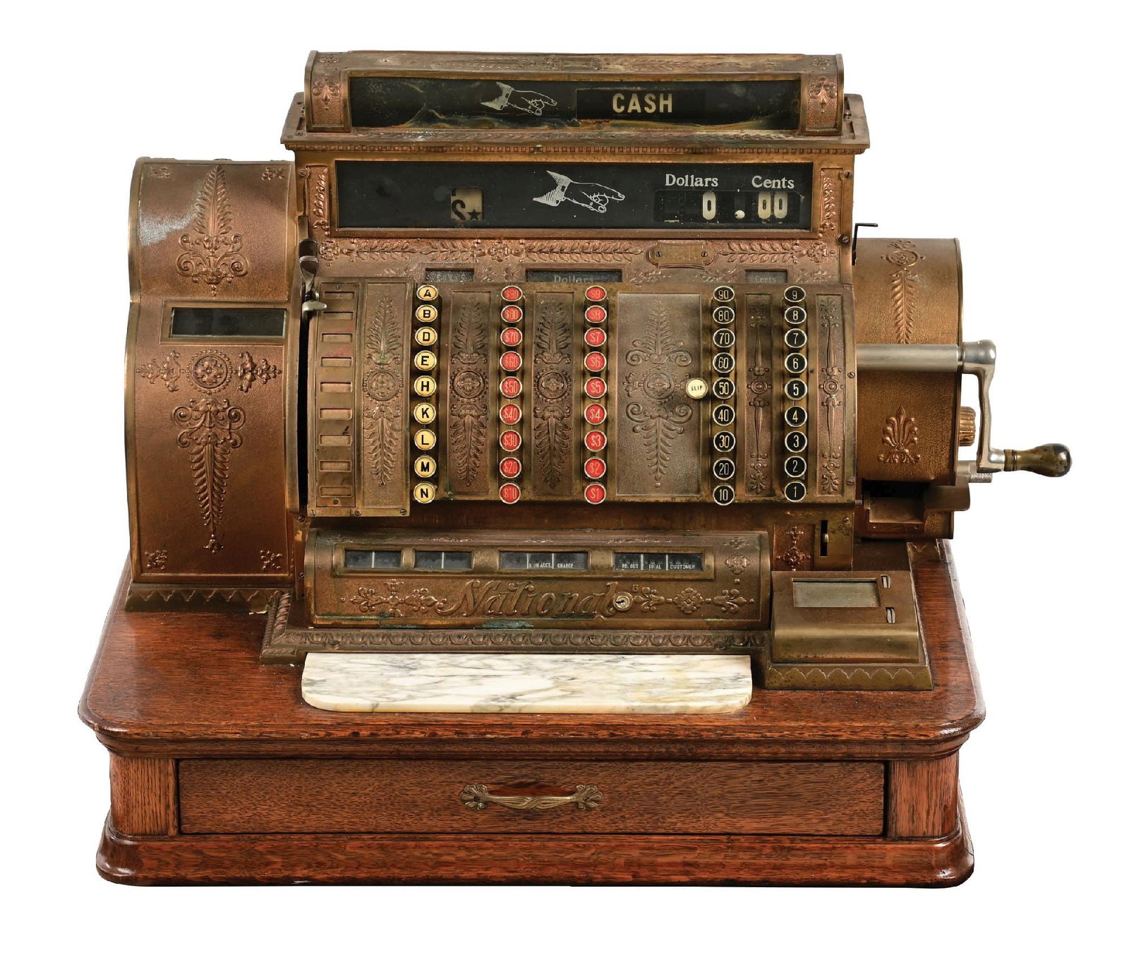 NATIONAL CASH REGISTER MODEL NO. 592-E-L SERIAL 1385644: CONDITION: Showing an all original model 593 with aged patina to the rose brass, with original key checks, crank and finish to the wood drawer. With slight warp to the top cap brass, and light oxidati