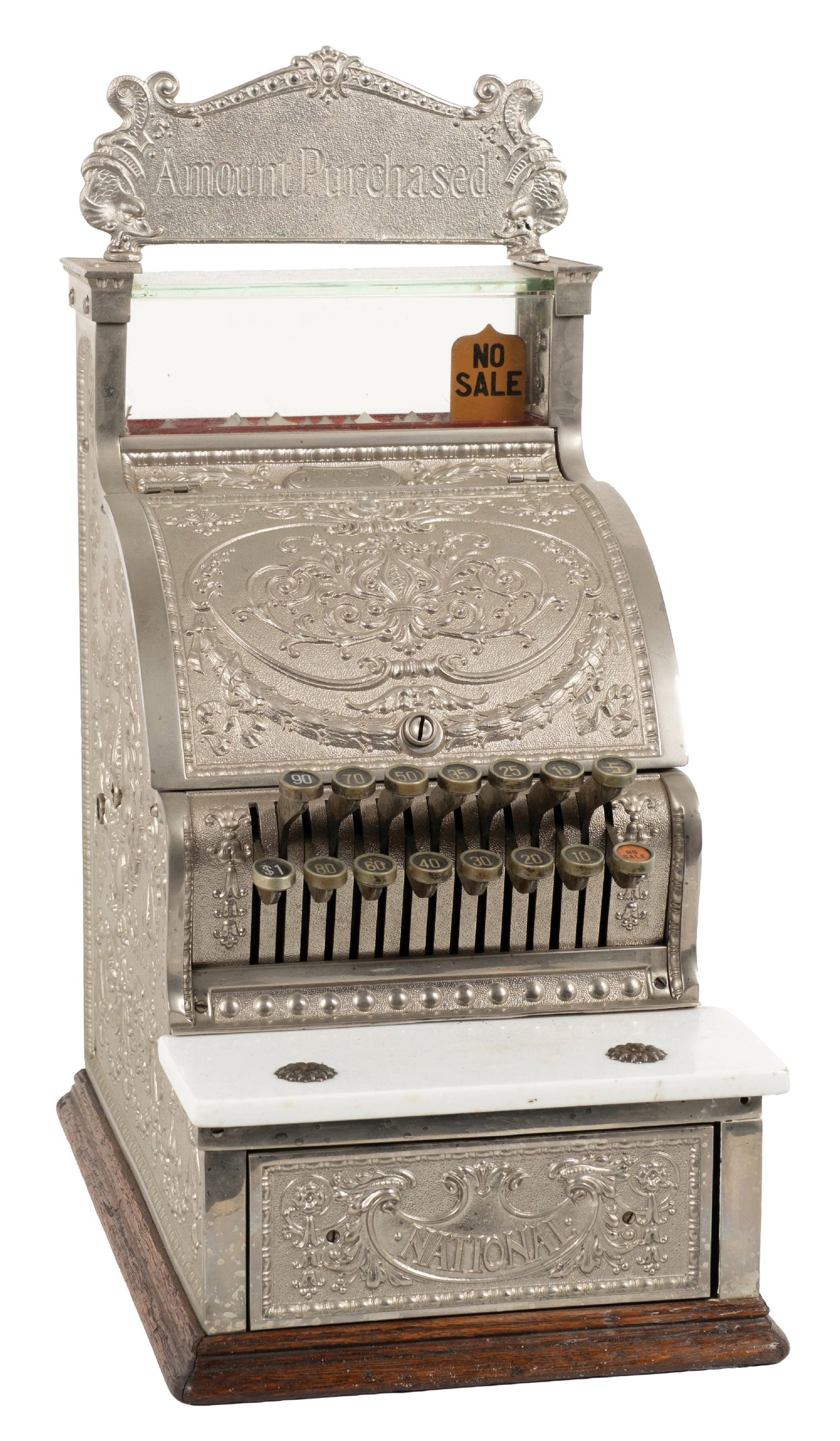 NATIONAL CASH REGISTER MODEL 313 SERIAL NO. 1477913: CONDITION: Showing an older nickel restoration with original key checks, original price flags, replaced "Amount Purchased" sign, and new bill shelf. Operational. Condition: (Very Good). Dimensions: 10