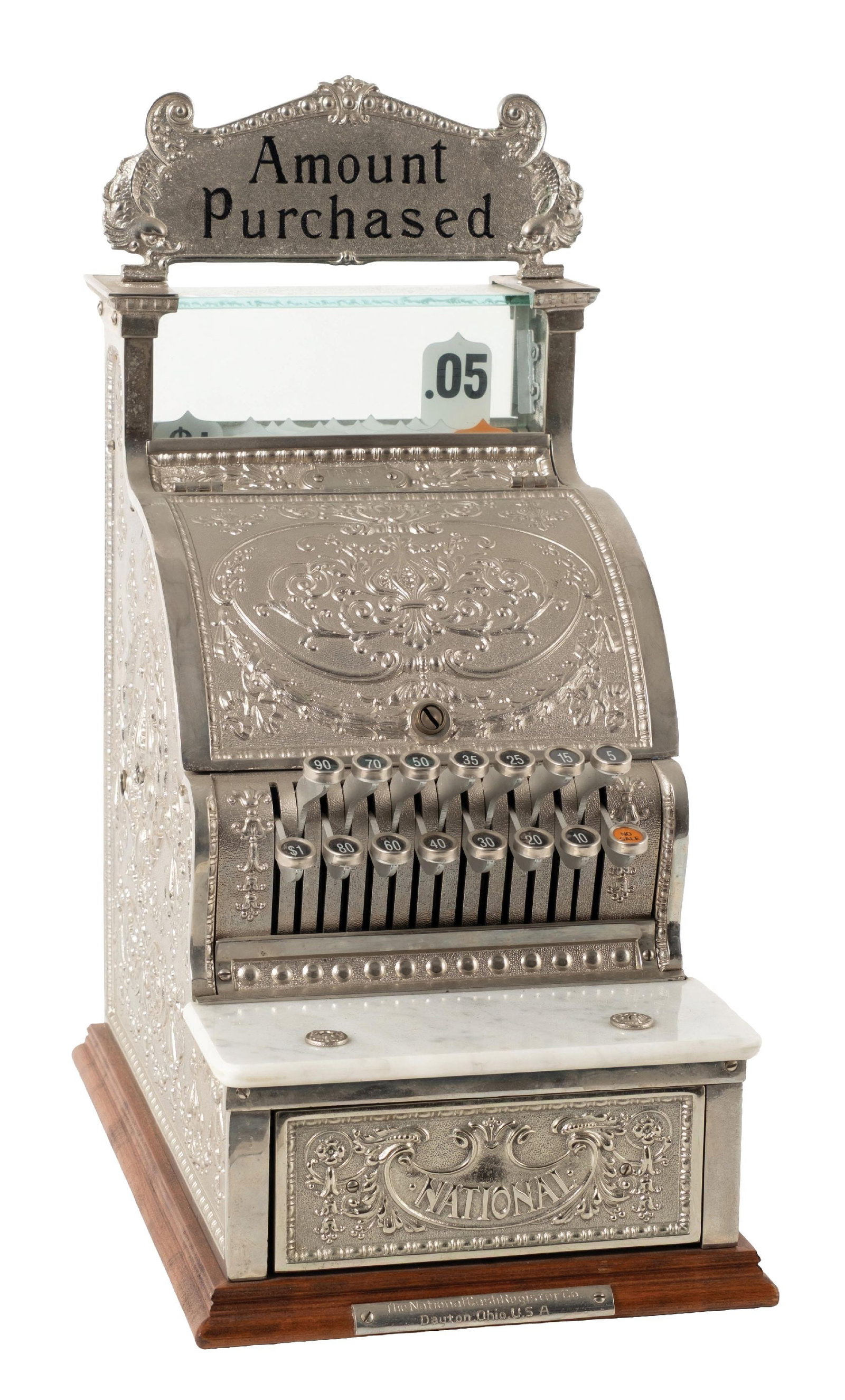 NATIONAL CASH REGISTER MODEL 313 SERIAL NO. 1497837: CONDITION: Older restoration in nickel, showing new key checks, new price flags, replaced "Amount Purchased" sign, and replaced bill shelf. Fully operational. Condition: (Very Good). Dimensions: 10 - 