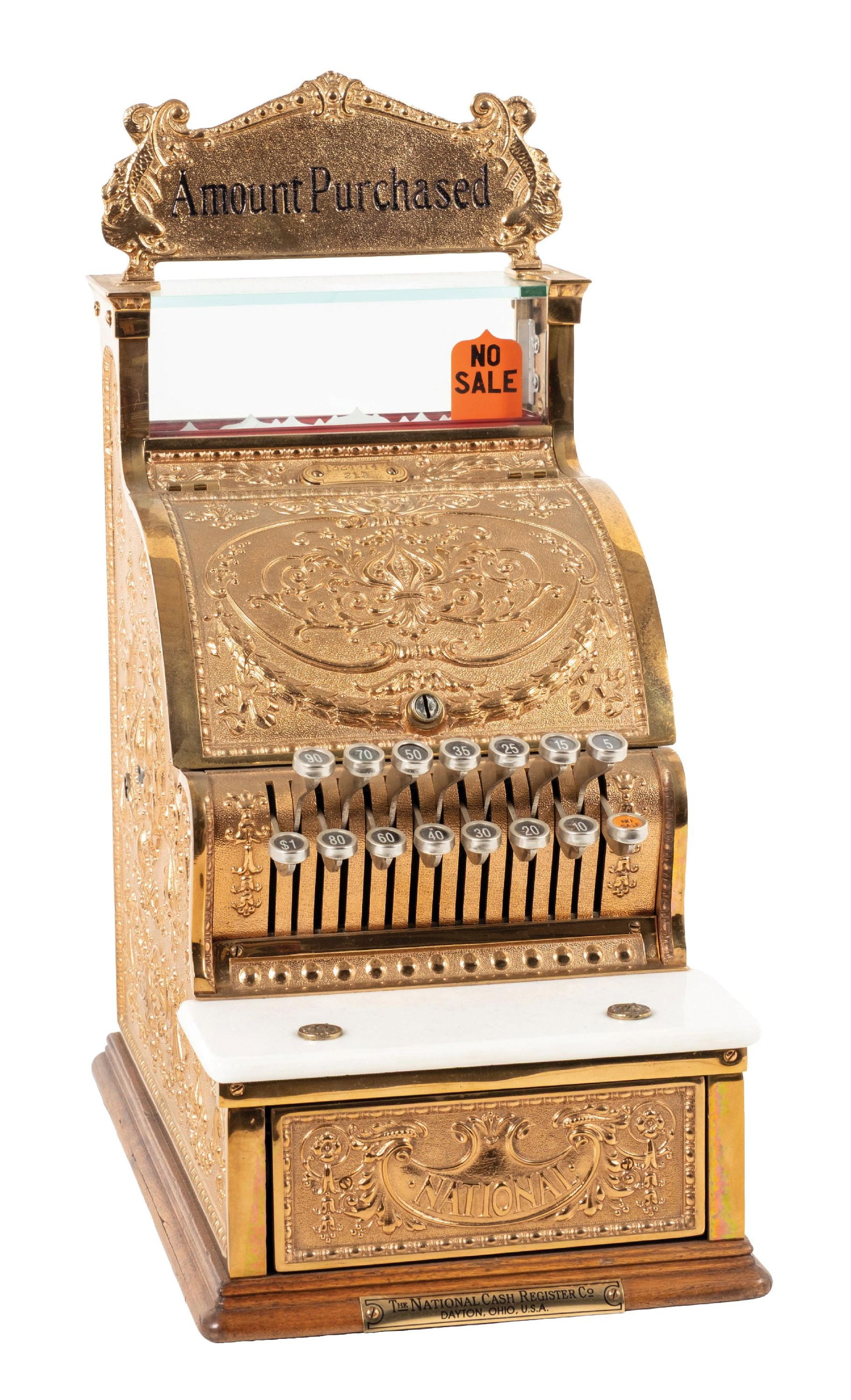 NATIONAL CASH REGISTER MODEL 313 IN ROSE BRASS: CONDITION: Showing an older restoration with new key checks, new price flags, new bill shelf, new front National Cash Register brass label, and replaced "Amount Purchased" sign. Fully operational, sho