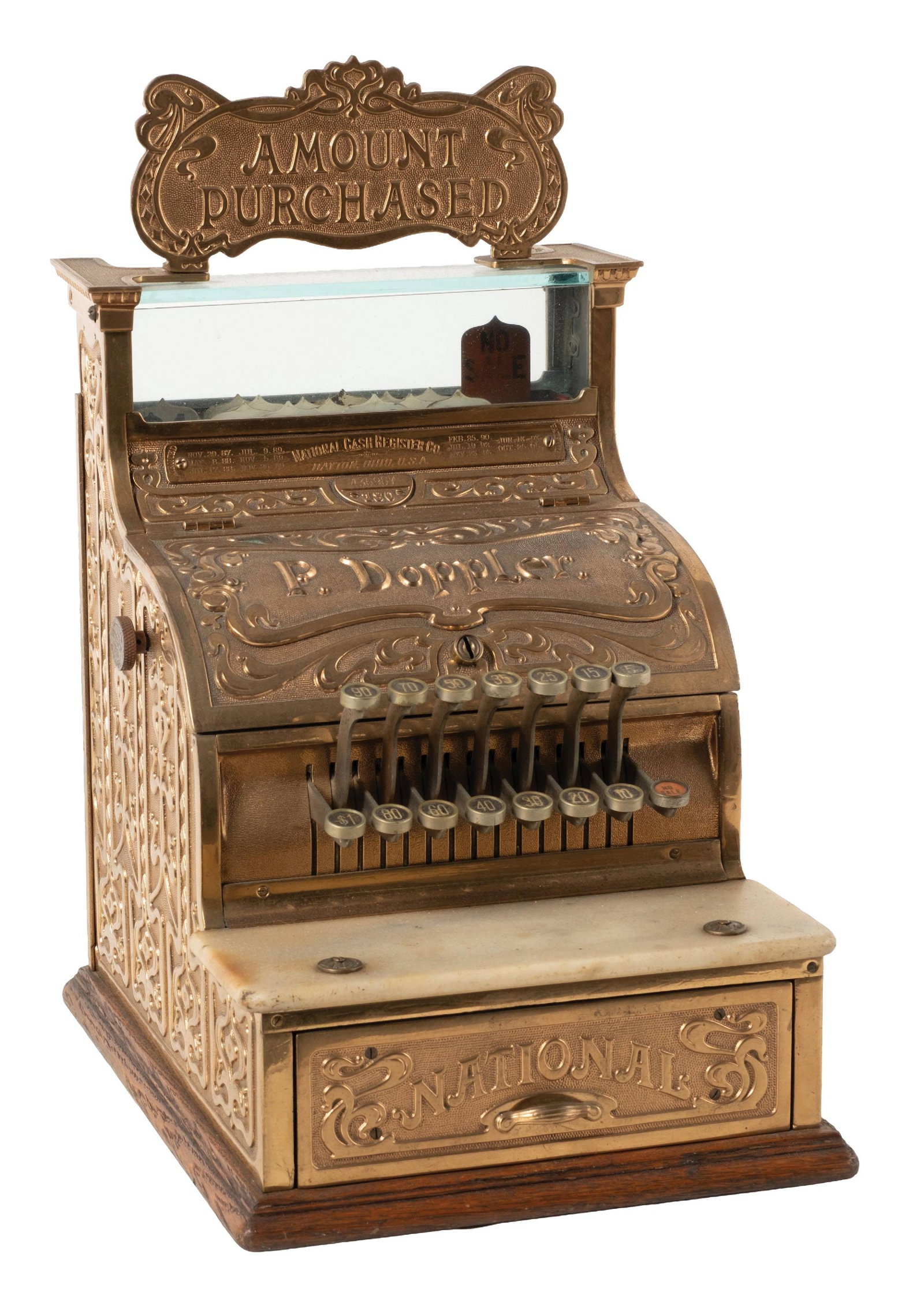 NATIONAL CASH REGISTER MODEL 180 SERIAL NO. 436937: CONDITION: Showing an older restoration to the brass, having oxidized at this point. Original key checks, original price flags, and replaced "Amount Purchased" top sign. Also with the original bill sh
