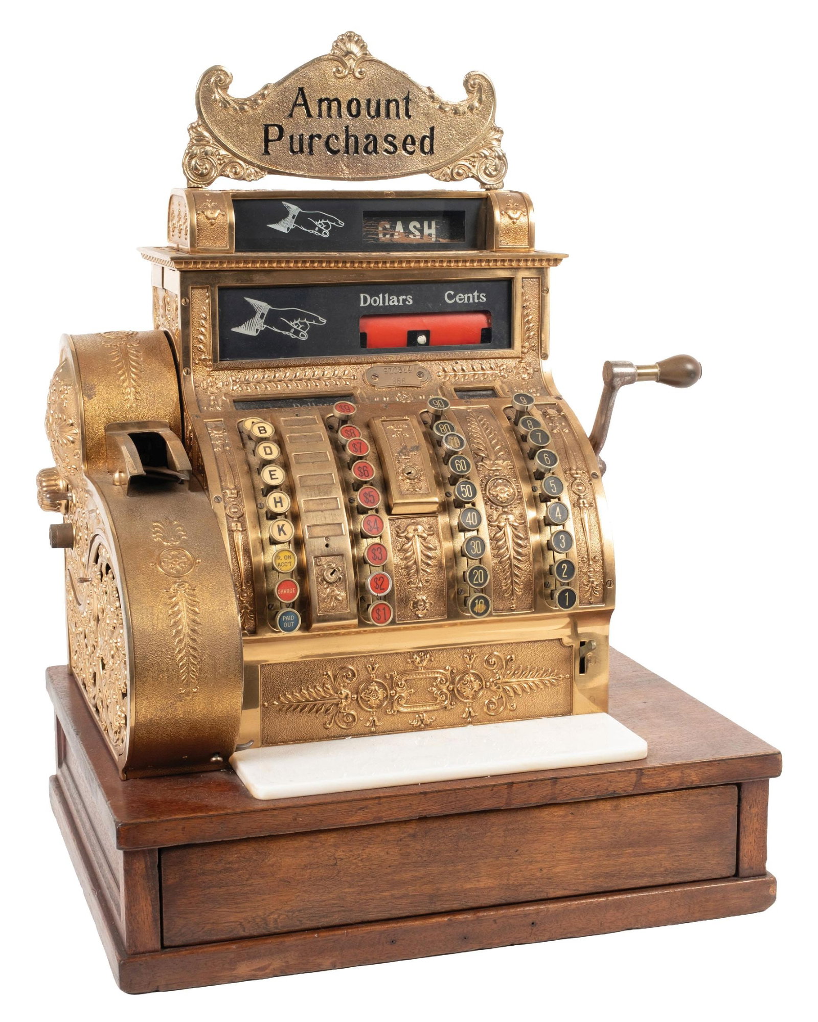 NATIONAL CASH REGISTER MODEL 356 SERIAL NO. 910314: CONDITION: Showing an older restoration that has oxidized, with replaced top sign, original key checks, original crank handle, with original wood base, which has been refinished. Condition: (Very Good