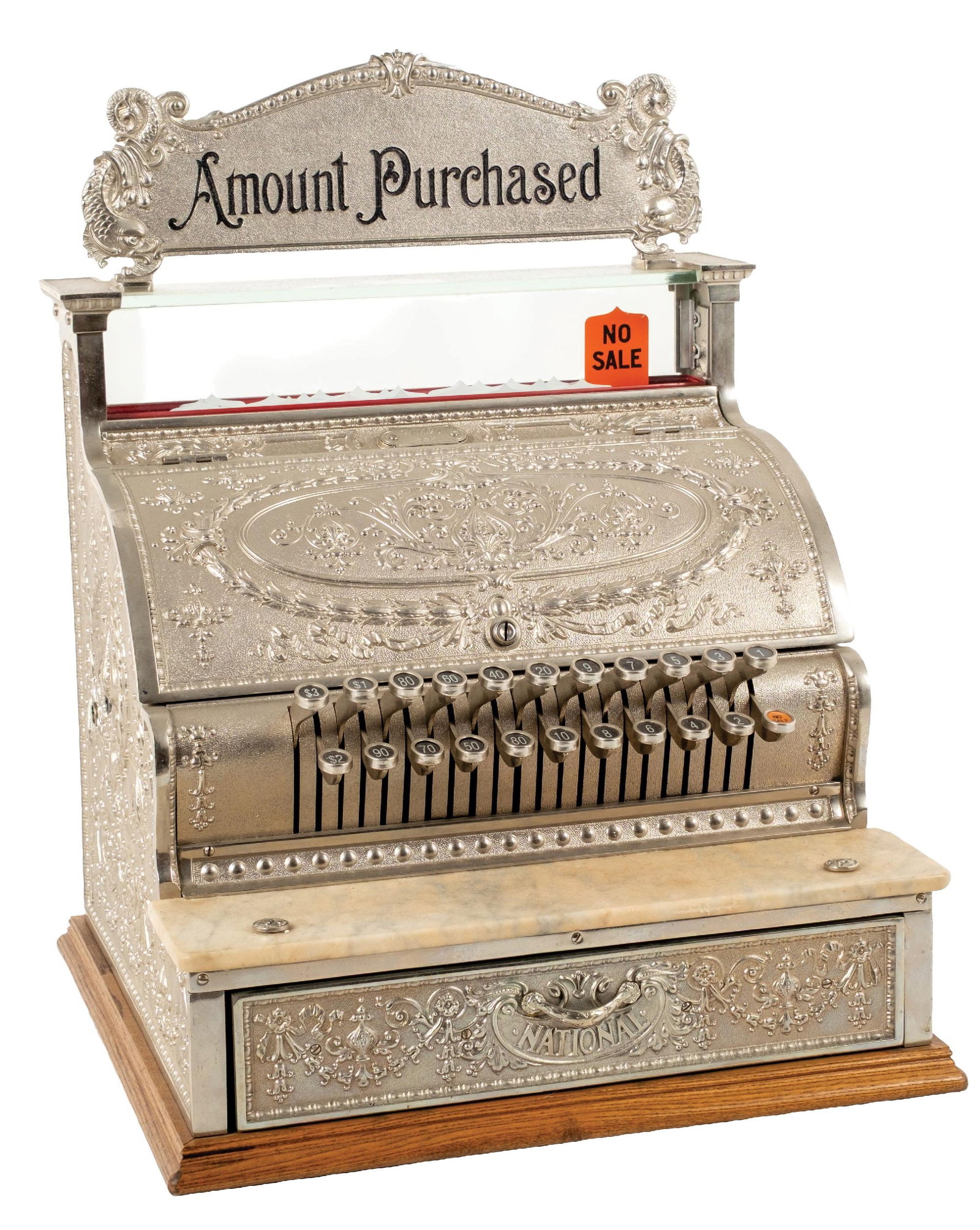 NATIONAL CASH REGISTER MODEL 332 SERIAL NO. 877420: CONDITION: Showing an older restoration with oxidized nickel, with new key checks, new price flags, replaced "Amount Purchased" sign, and original bill shelf. Operational. Condition: (Very Good). Dime