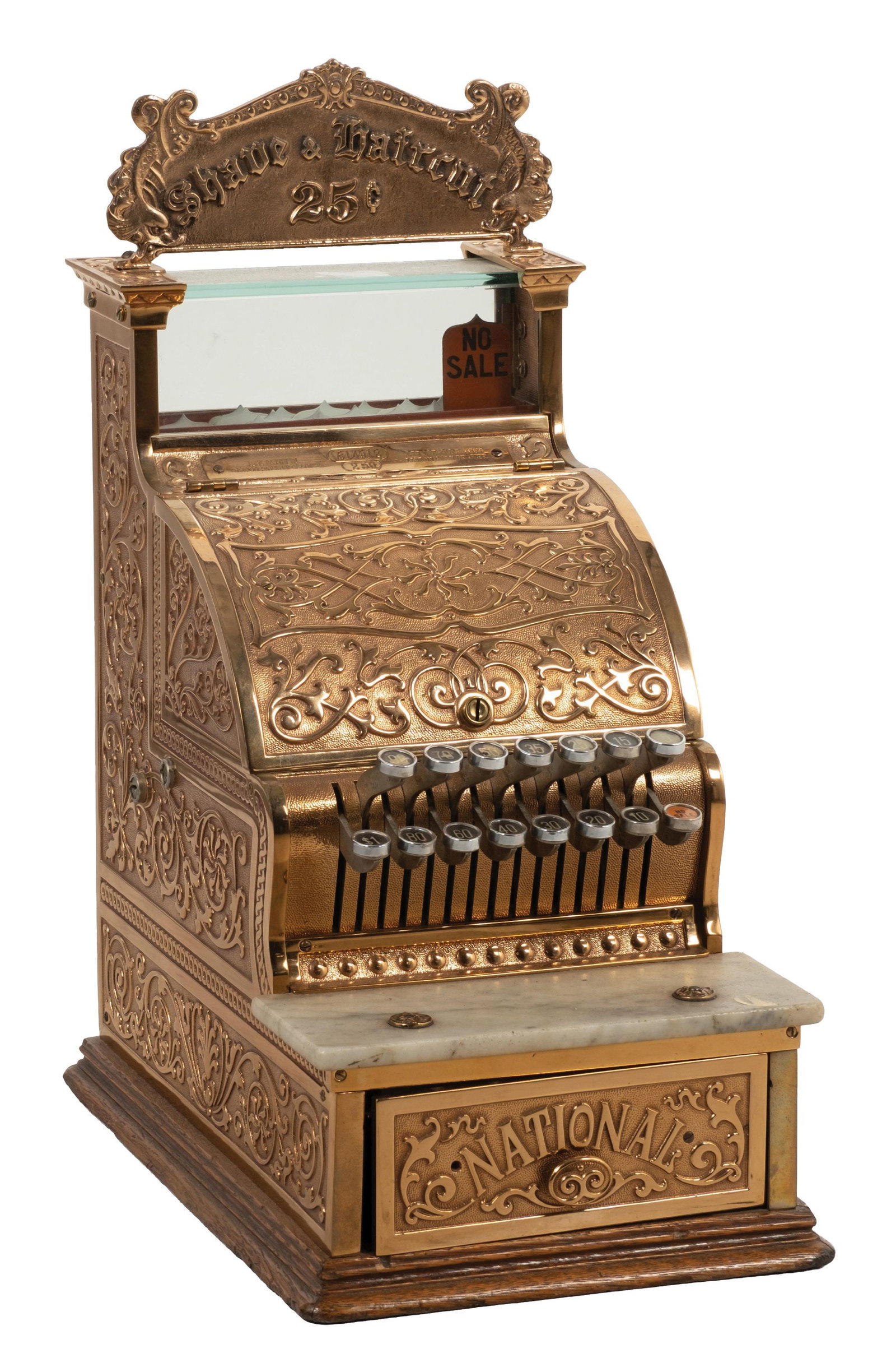 NATIONAL CASH REGISTER MODEL 250 SERIAL NO. 814912: CONDITION: Showing a restoration to the exterior, with polished rose brass, original front bill shelf, original key checks and price flags, with added top "Shave and a Haircut" top sign. Fully operati