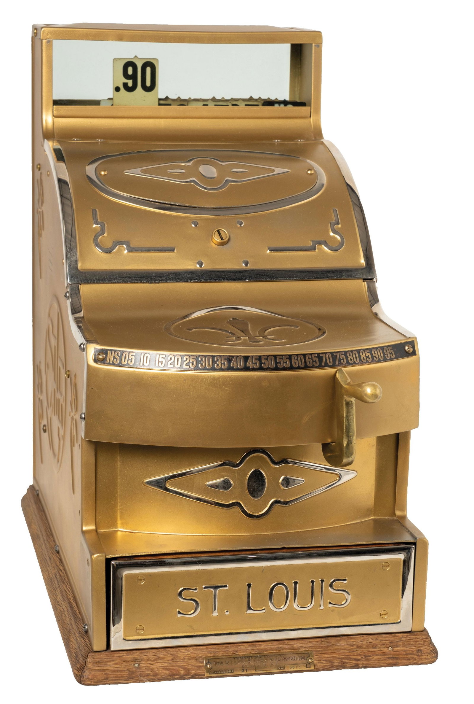 ST. LOUIS CASH REGISTER STYLE NO. 42.: CONDITION: It is complete with a pop-up number indicator set behind glass, one lever that moves vertically between 5 to 95 which indicates the amount of cents and an auxiliary lever that indicates amo