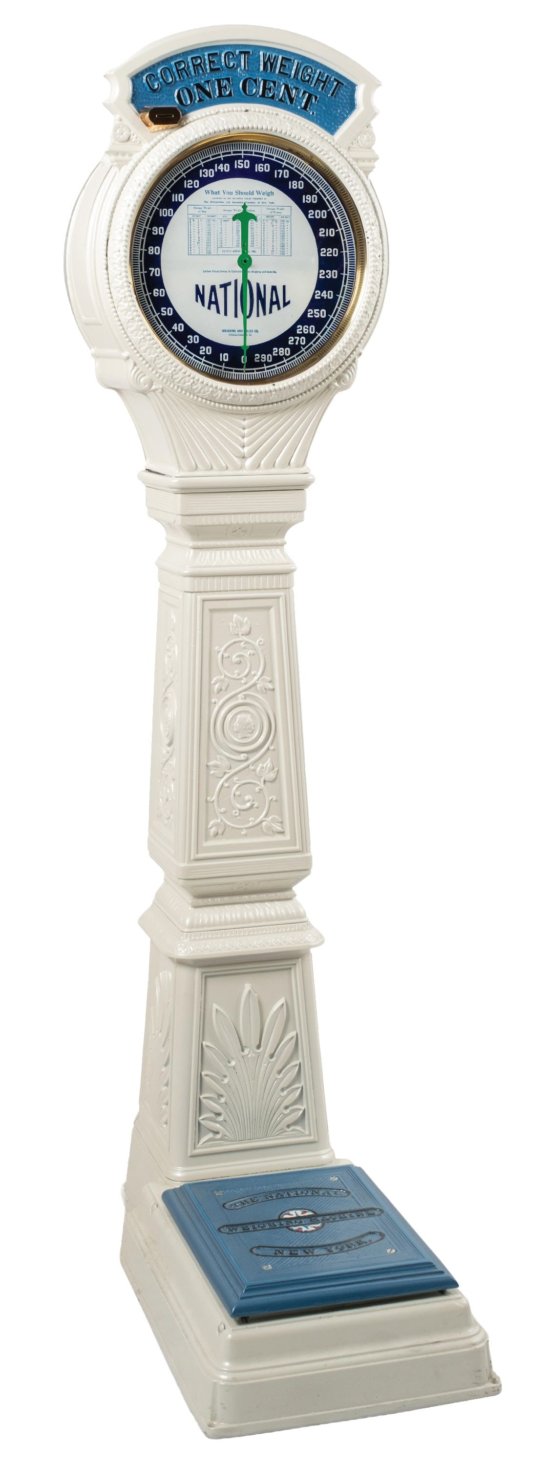 1¢ NATIONAL WEIGHING MACHINE CO. NEW YORK CAST IRON PENNY SIDEWALK SCALE: CONDITION: Showing a beautiful repainting of the exterior, with a wonderful porcelain dial, new painted hands, and new painted foot rest. Currently in working condition. This is not a standard shippab