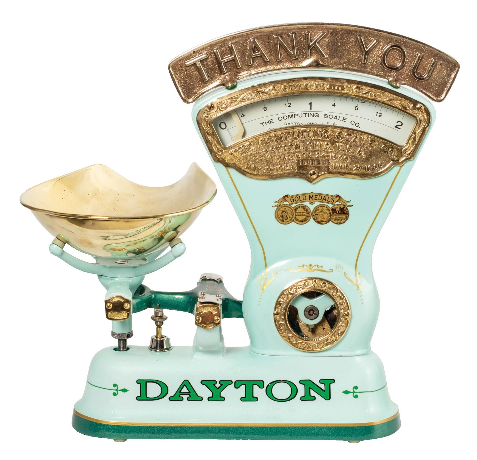 RESTORED DAYTON 2 LB. CANDY SCALE: CONDITION: Showing a full restoration with new paint and pinstripe, polished brass accents, added top "Thank You" sign, and correct scoop. Showing very little wear. Condition: (Restored). Dimensions: 