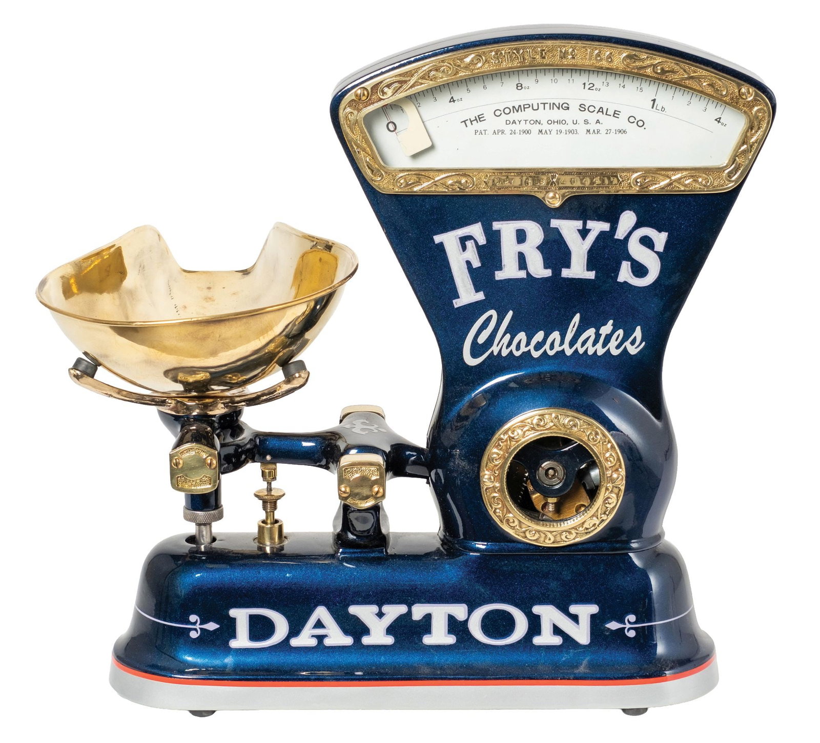 RESTORED DAYTON 1-1/4 LB. CANDY SCALE: CONDITION: Showing a full restoration with new black paint, new lettering advertising Fry's Chocolates, with correct polished brass scoop, and new pinstripe. Condition: (Restored). Dimensions: 15 - 1/