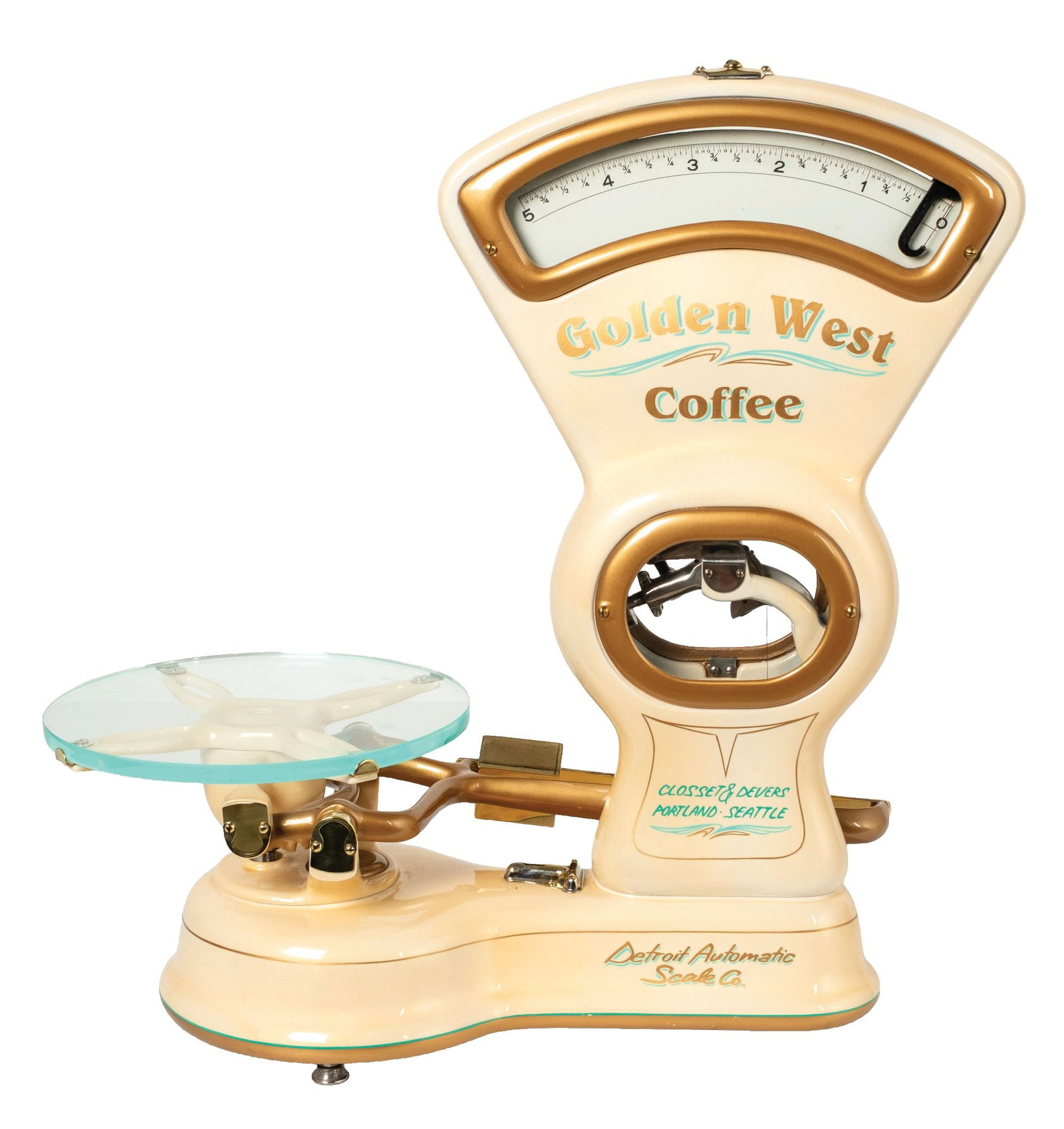 DETROIT AUTOMATIC SCALE CO. RESTORED GROCERY SCALE: CONDITION: Restored in a light brown with dark brown pinstriping, with added lettering for "Golden West Coffee". All brass components are polished. The scale is operational and comes with an acrylic g