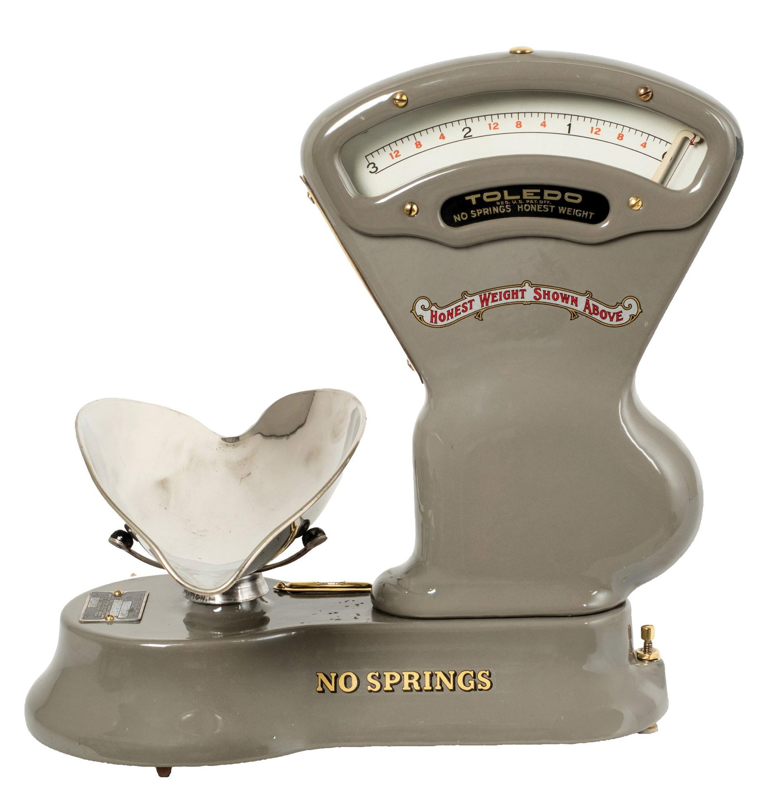 RESTORED TOLEDO 3 LB. CANDY SCALE: CONDITION: Showing all new paint and decals, with polished scoop and brass accents. Condition: (Restored). Dimensions: 14" X 12" X 15"