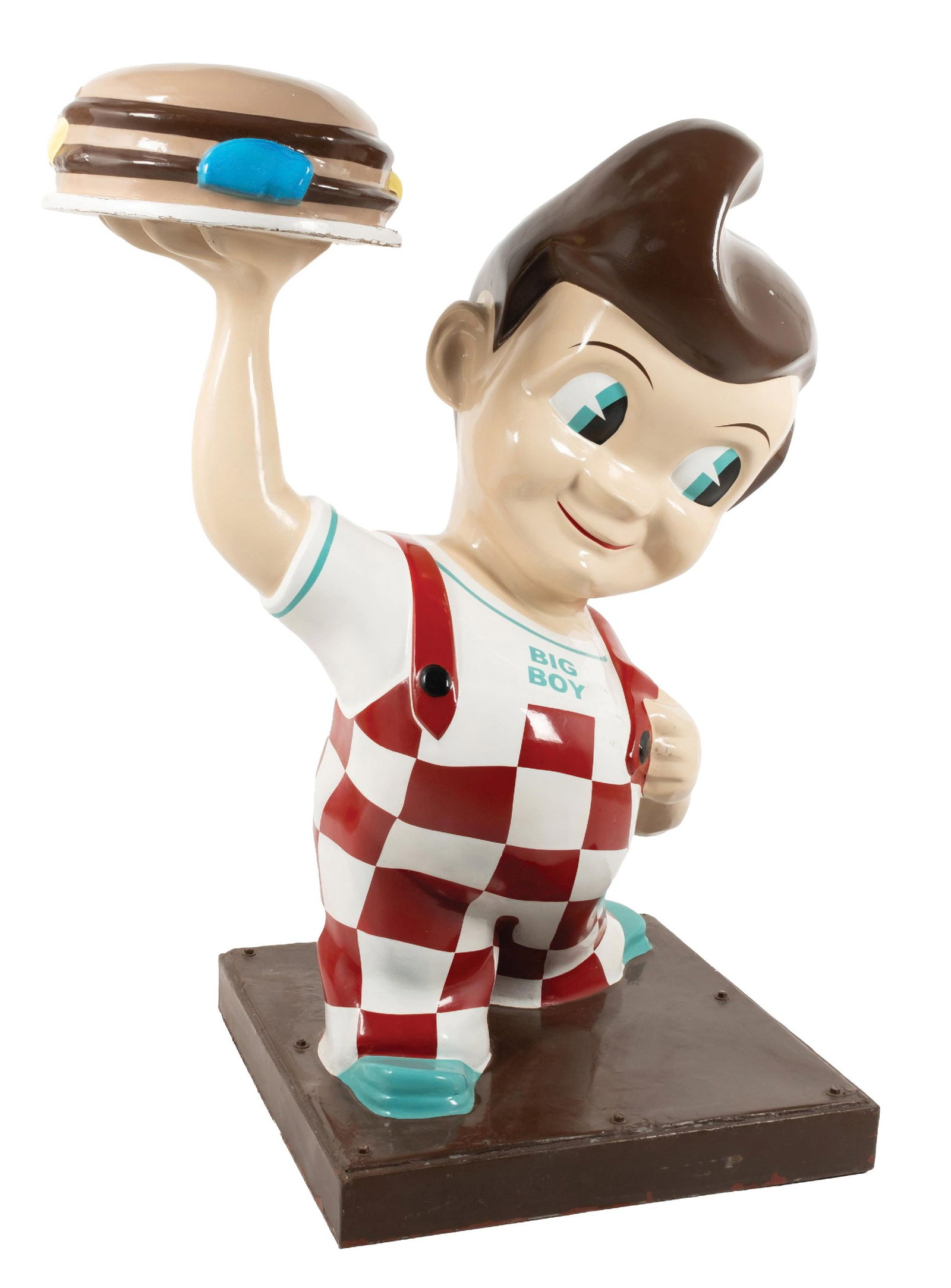 FIBERGLASS BOB'S BIG BOY FIGURE: CONDITION: An older fiberglass figure showing good paint, with some areas of scuffs and scrapes, with some areas of lifting paint, primarily on the edges of the hamburger and around the edges of the b