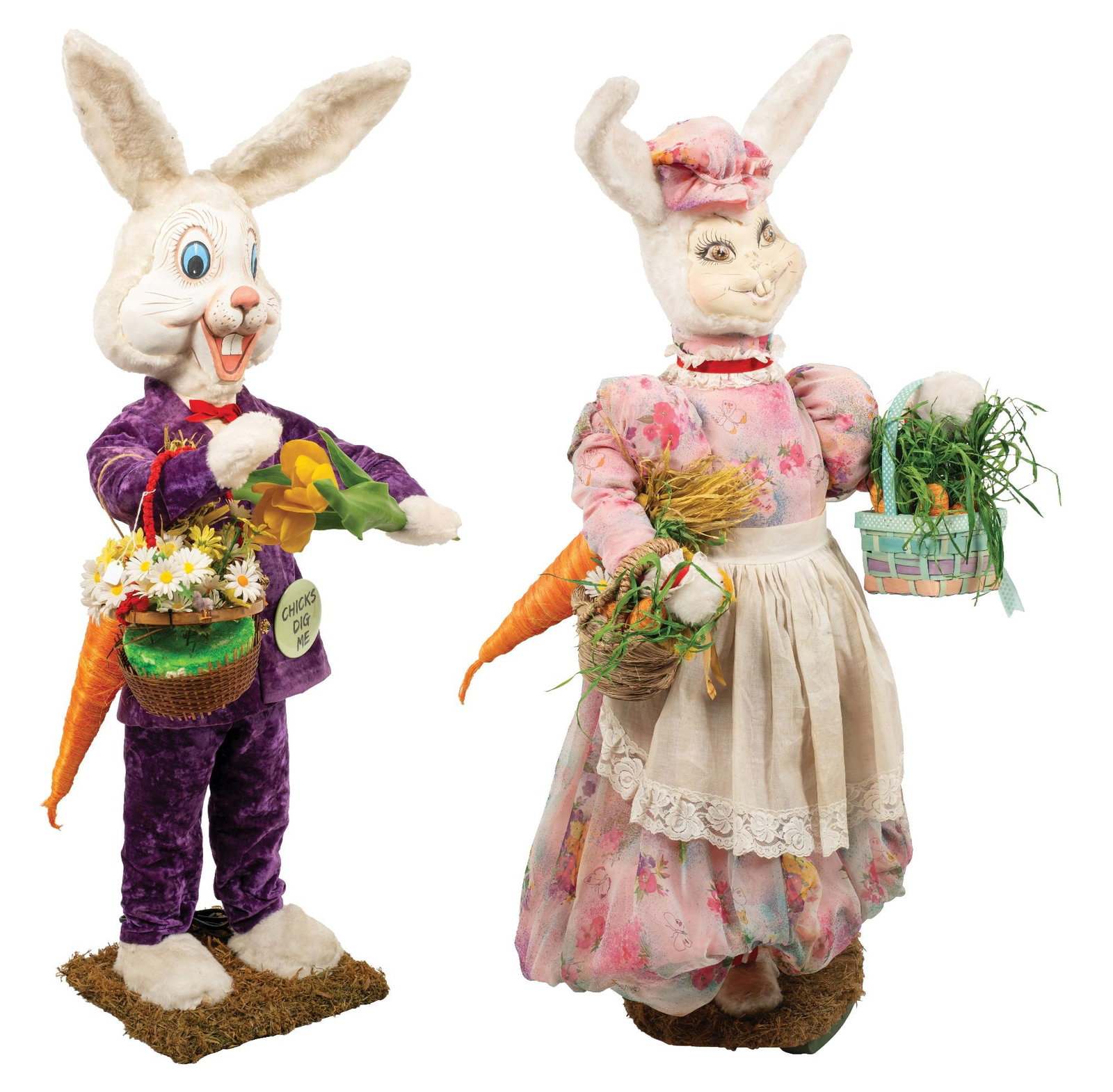 LOT OF 2 ANIMATRONIC BOY AND GIRL BUNNIES WITH THREE BASKETS: Charming pair of large probably commercial easter display figures, manufactured by Display Arts Inc. 600 West 57th St New York N.Y. each is elaborately dressed in original clothing. Both figures show 