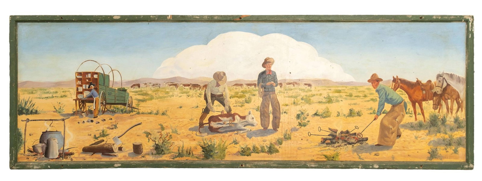 BRANDING COWS PAINTING OF WOODEN SIGN: Hand-painted on plywood sign depicting a chuck wagon marked "66", with the cook working by the fire, three cowboys branding a calf. Very brightly-colored and detailed cattle in the background with gre