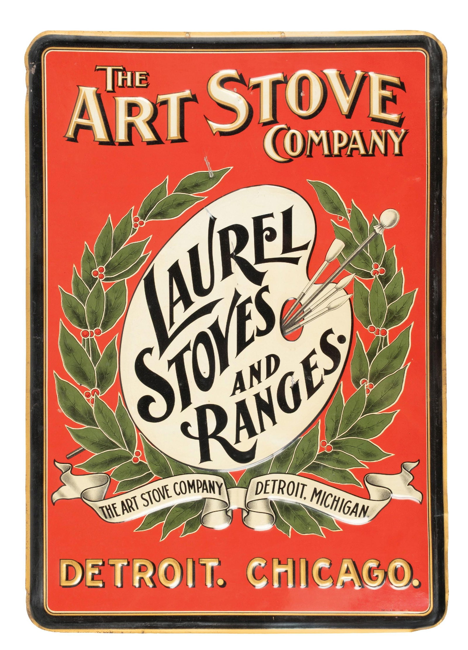 EMBOSSED ART STOVE CO. TIN SIGN: CONDITION: Showing great overall embossing, with an exterior self frame, crease through the letter "R" in "Laurel" in the middle, a dent in the upper-left hand corner, and some light surface scratches