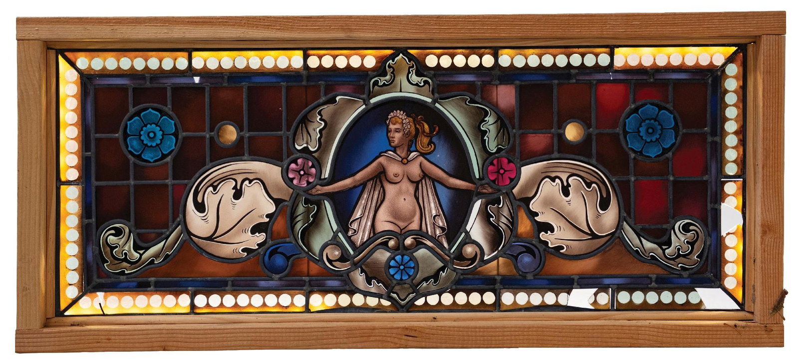 STAINED GLASS TRANSOM WINDOW: Vintage, possibly mid-century period stained glass transom window showing a silhouette of a young lady in the middle. CONDITION: One area of missing glass on the left-hand side, some areas of warped l