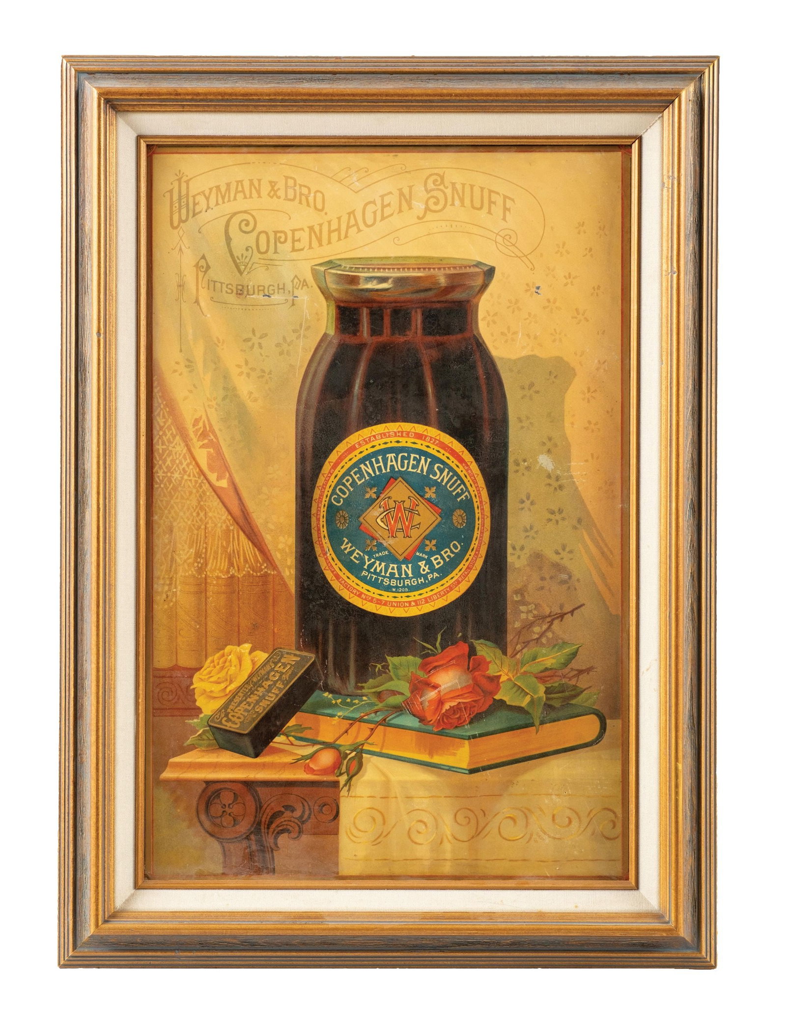 WEYMAN & BRO. COPENHAGEN SNUFF FRAMED TIN ADVERTISEMENT (1 of 2)