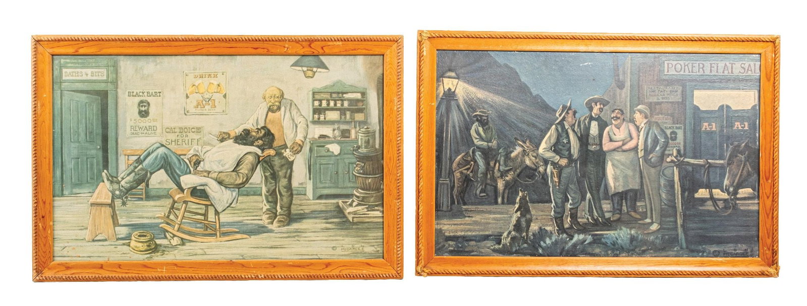 COLLECTION OF 2 LON MEGARGEE WESTERN PRINTS: CONDITION: (A) The Barber , showing good color and graphic, framed in a wood frame with rope accents. The frame shows wear overall from being handled. The print shows some areas of scuffs in the lower