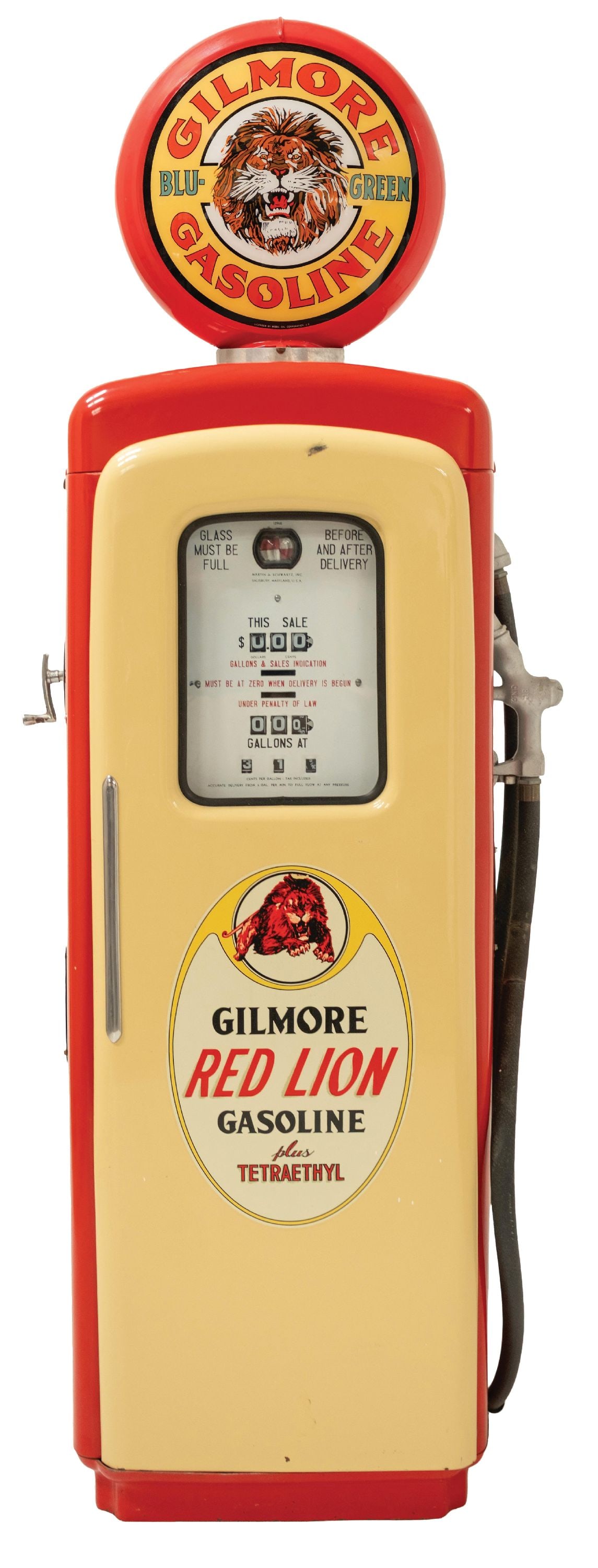 MARTIN & SCHWARTZ GAS PUMP RESTORED FOR GILMORE GASOLINE: CONDITION: Showing an older restoration with new paint and new applied decals, with original spigot and hose, with reproduction top globe. Shows some areas of scuffs and scrapes since restoration, wit