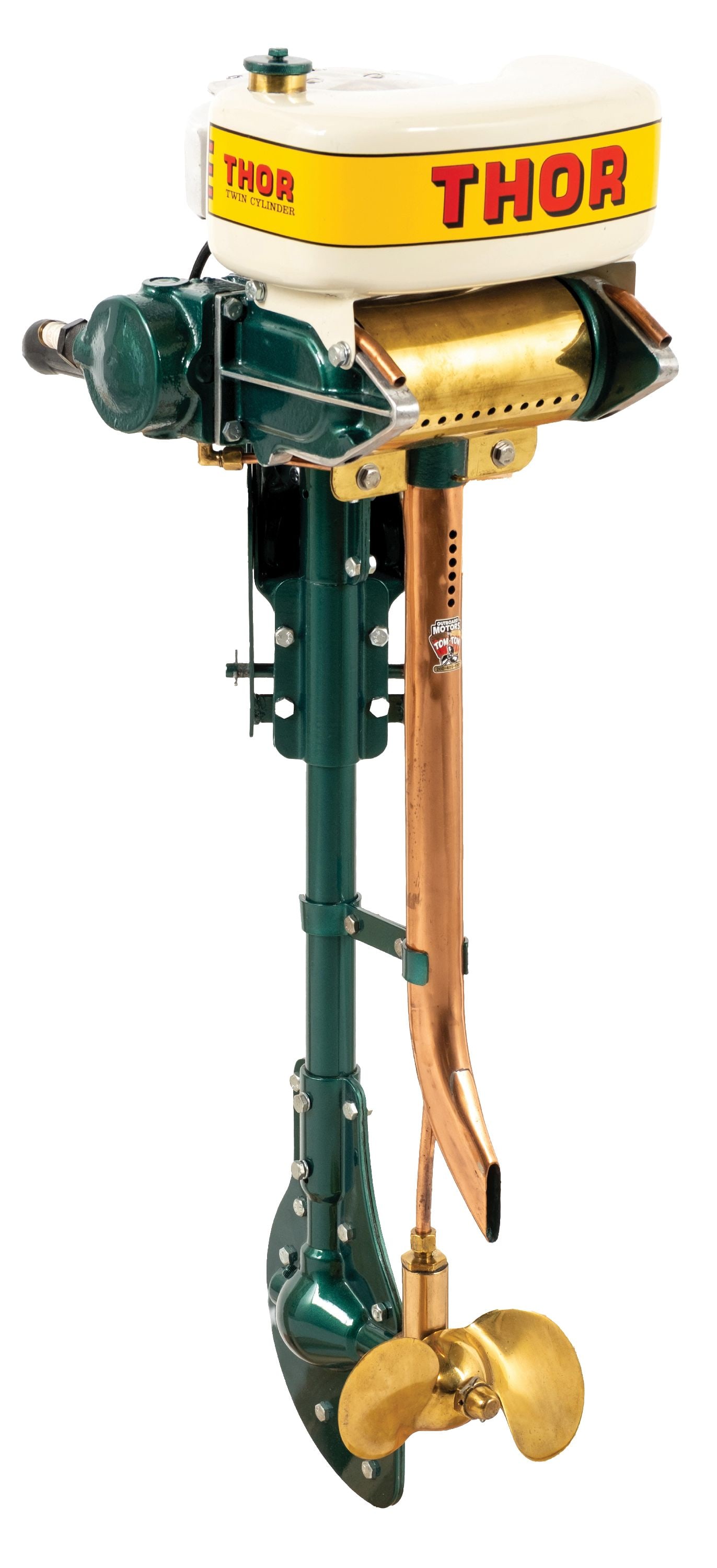 THOR TWIN CYCLE OUTBOARD MOTOR SERIAL NO. 1505: CONDITION: Showing an older restoration with new paint, polished brass accents, and new Thor decals to the gas tank. This is not a standard shippable item and will require 3rd party shipping or pickup