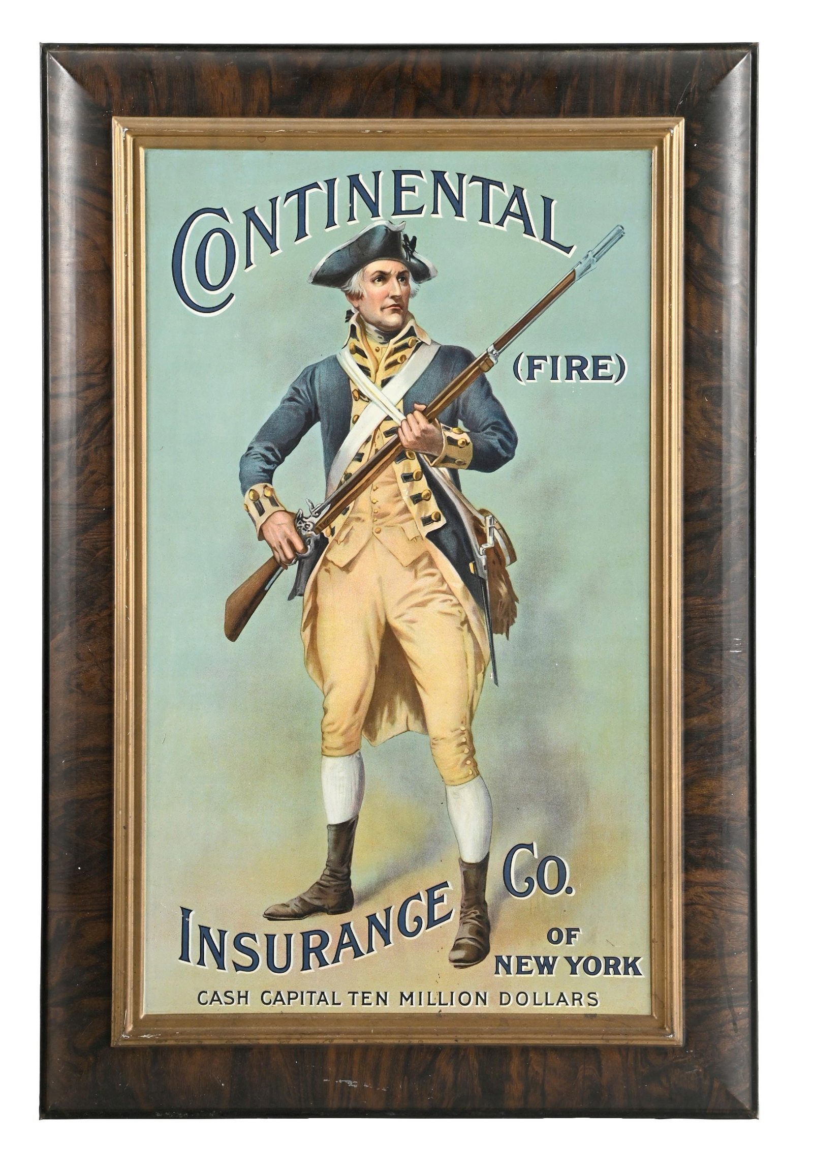 CONTINENTAL (FIRE) INSURANCE CO. OF NEW YORK SELF FRAMED TIN SIGN: SST. CONDITION: Showing good color and sign to this highly recognizable tin sign with a continental Minuteman at the center. There are a few small spec marks in the main field, a could small edge dent